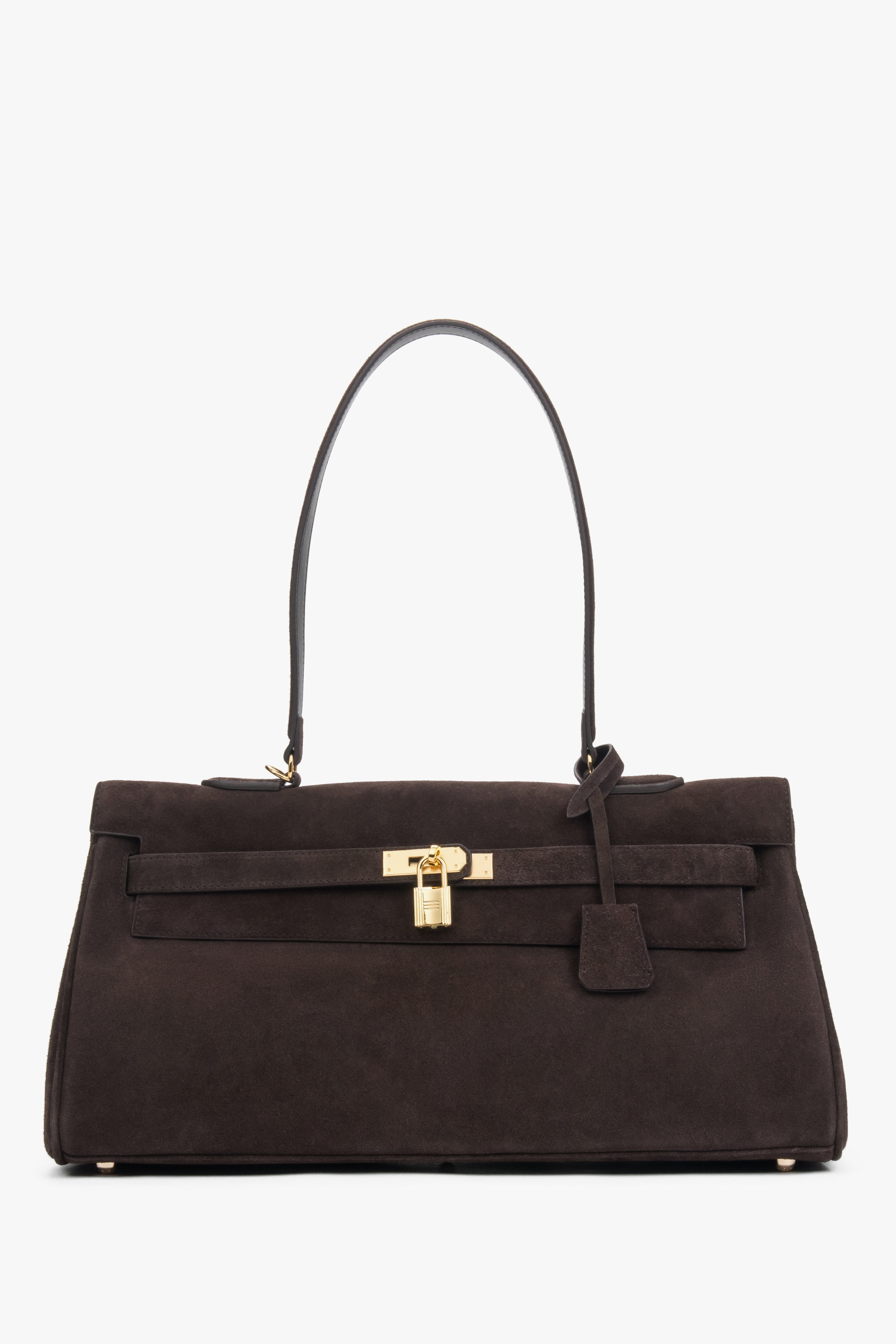 Women’s Dark Brown Shoulder Bag made of Genuine Velour with Gold Hardware Estro ER00118592.