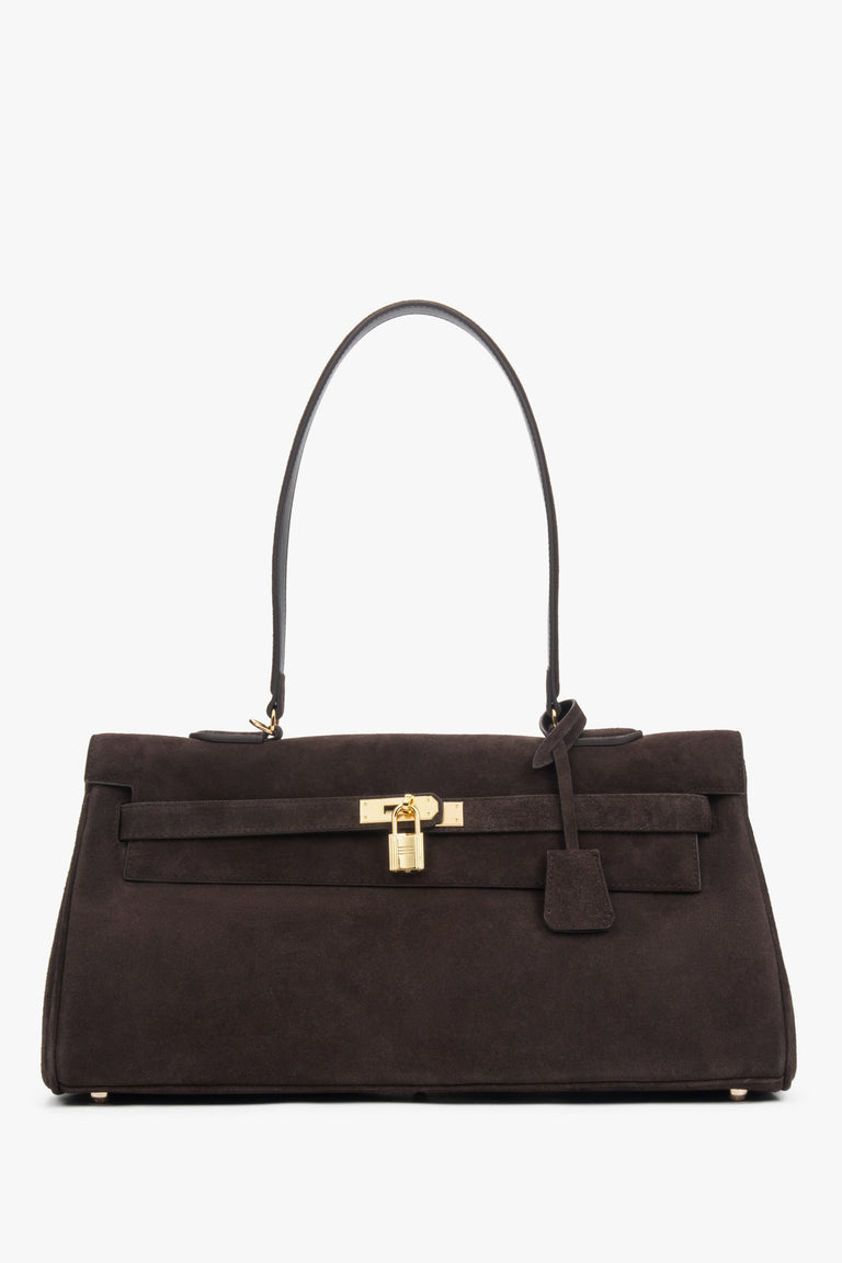Women’s Dark Brown Shoulder Bag made of Genuine Velour with Gold Hardware Estro ER00118592.