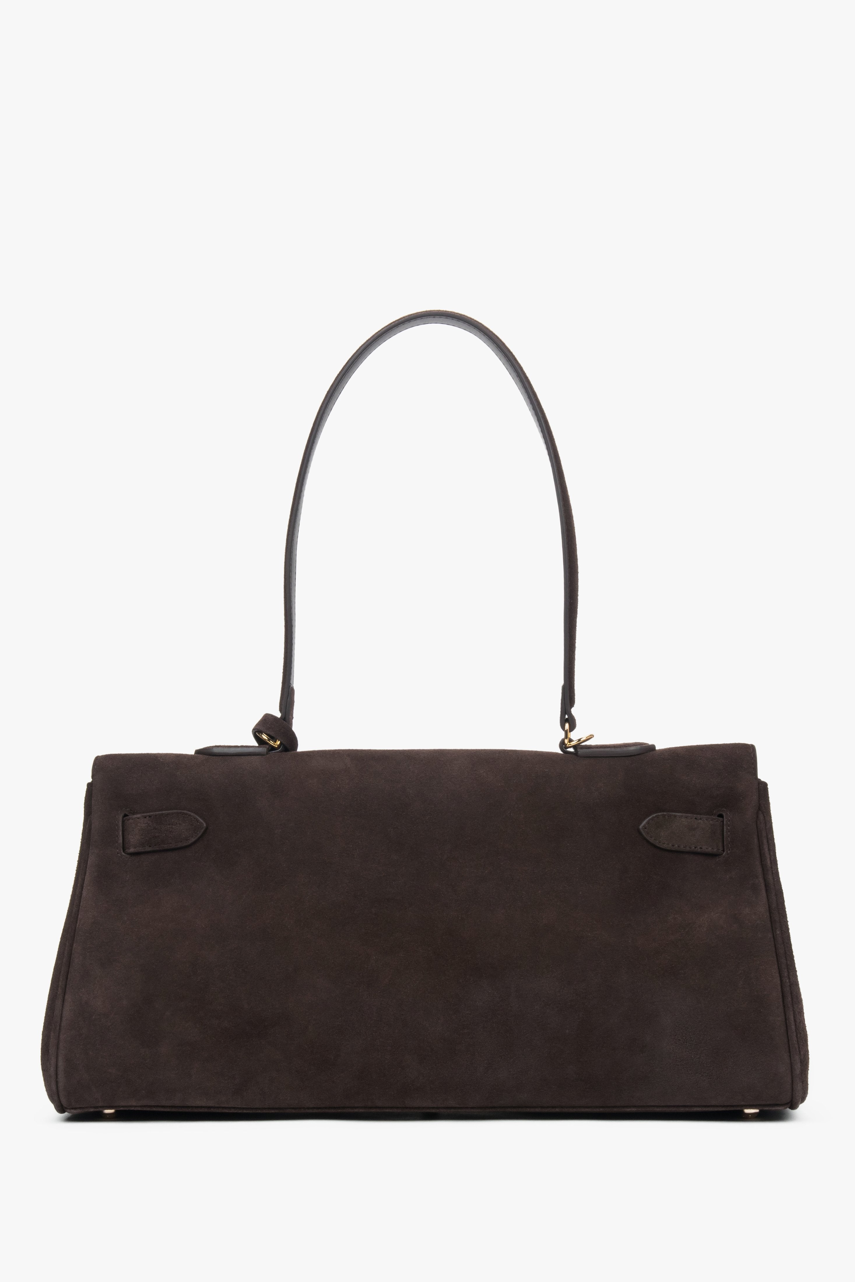 Dark brown women’s shoulder bag made of genuine velour with gold hardware.