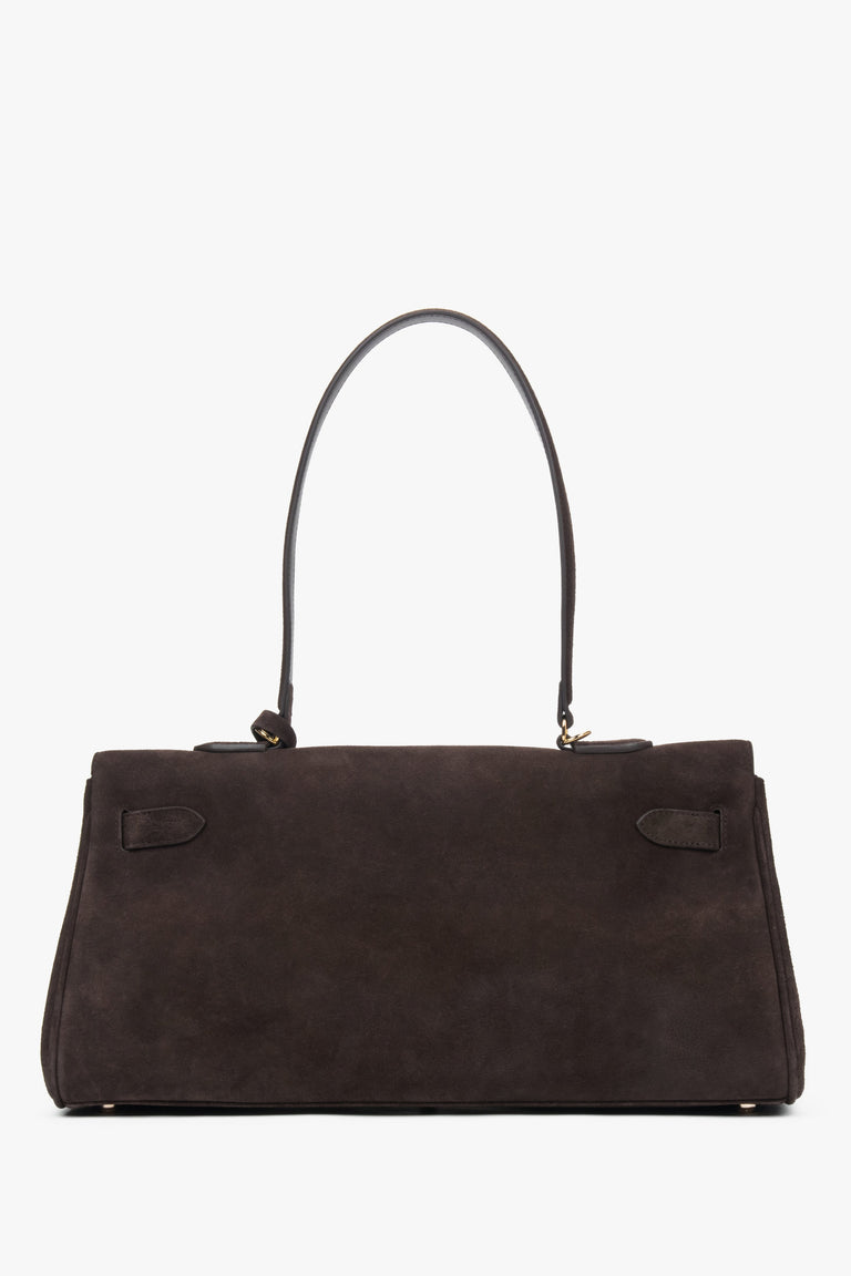 Dark brown women’s shoulder bag made of genuine velour with gold hardware.