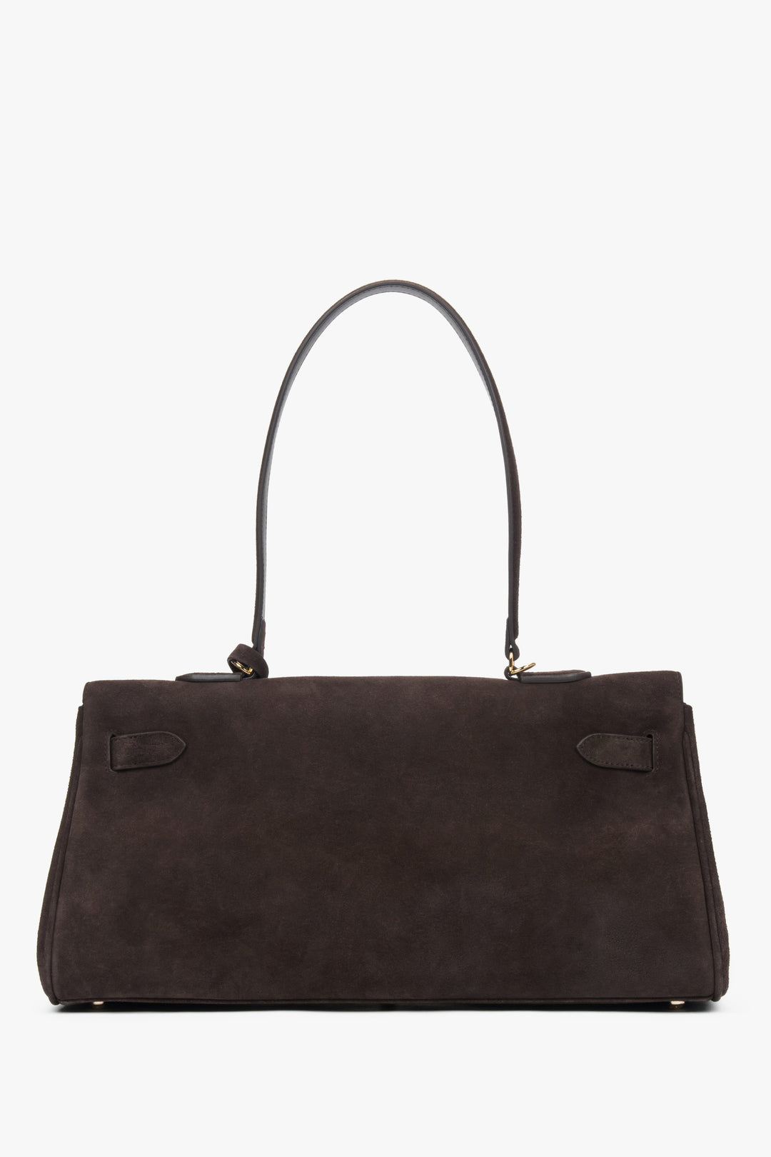 Dark brown women’s shoulder bag made of genuine velour with gold hardware.