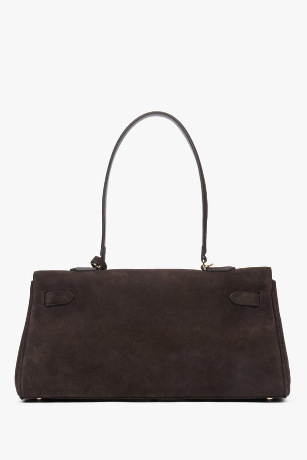 Dark brown women’s shoulder bag made of genuine velour with gold hardware.