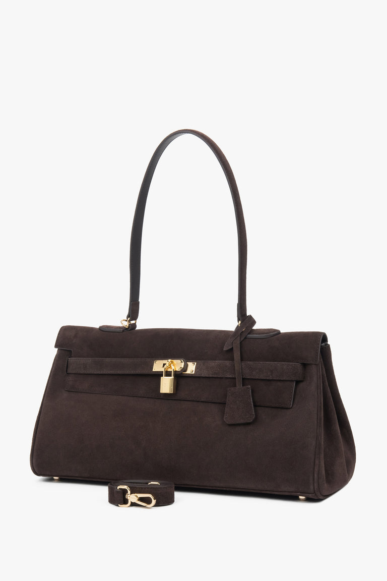 Women’s dark brown shoulder bag made of genuine velour with gold hardware by Estro.