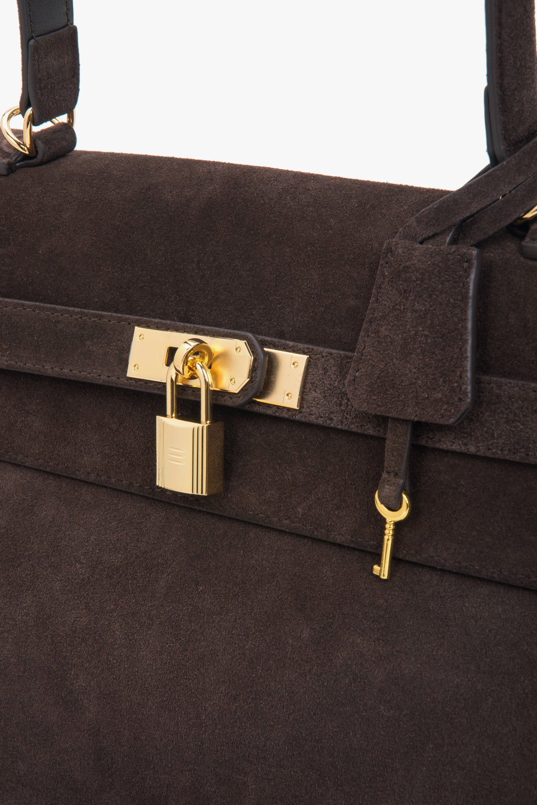 Dark brown women’s velour shoulder bag with gold hardware, Estro.