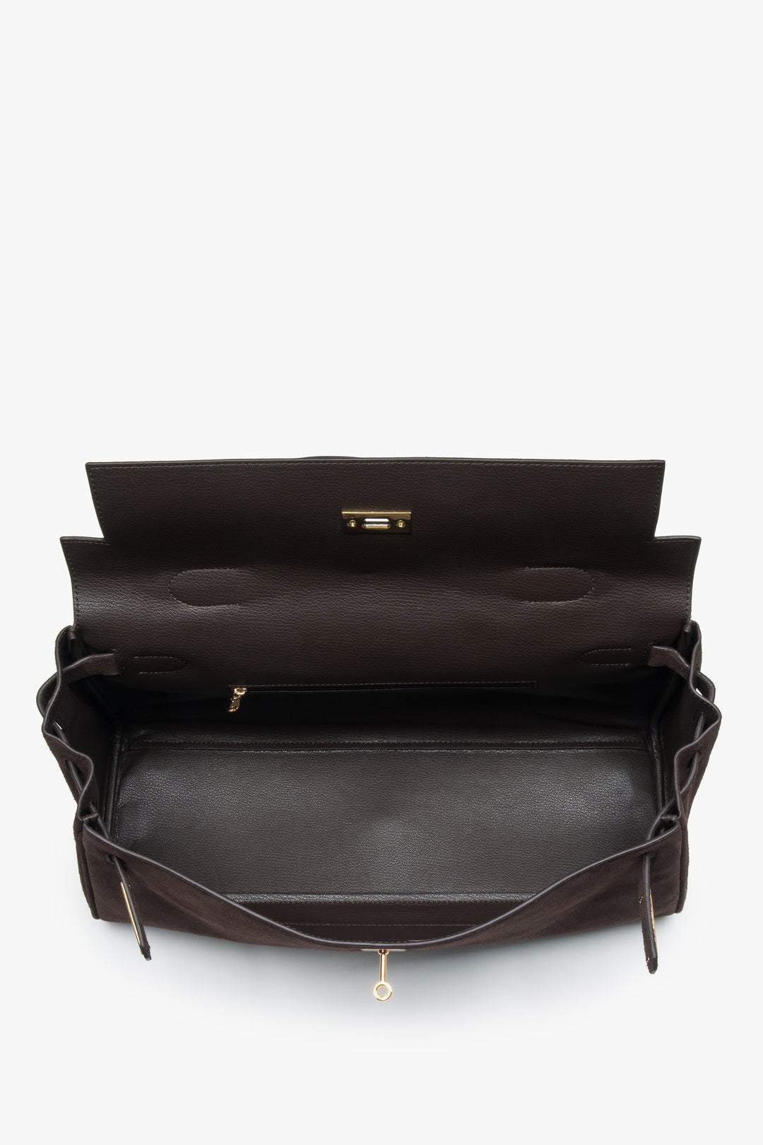 Made of genuine velour — a dark brown women’s shoulder bag with gold hardware from Estro.