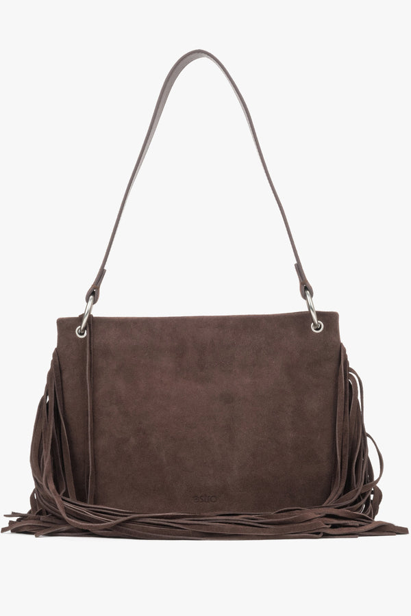 Women's Dark Brown Velour Shoulder Bag with Long Fringes Estro ER00119890.