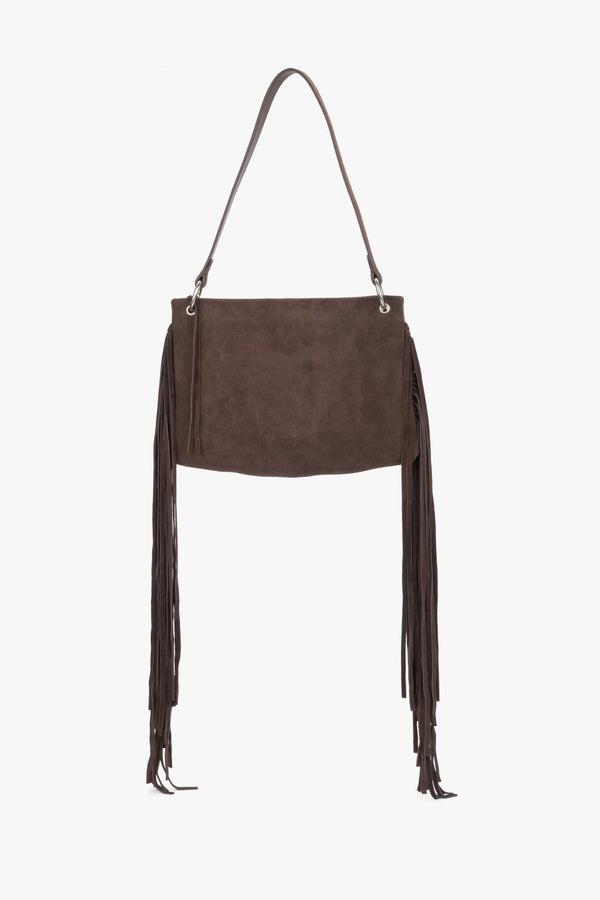 Women's dark brown Estro shoulder bag made of natural velour, featuring a smooth front design and long, dense fringes decorating the sides of the model.