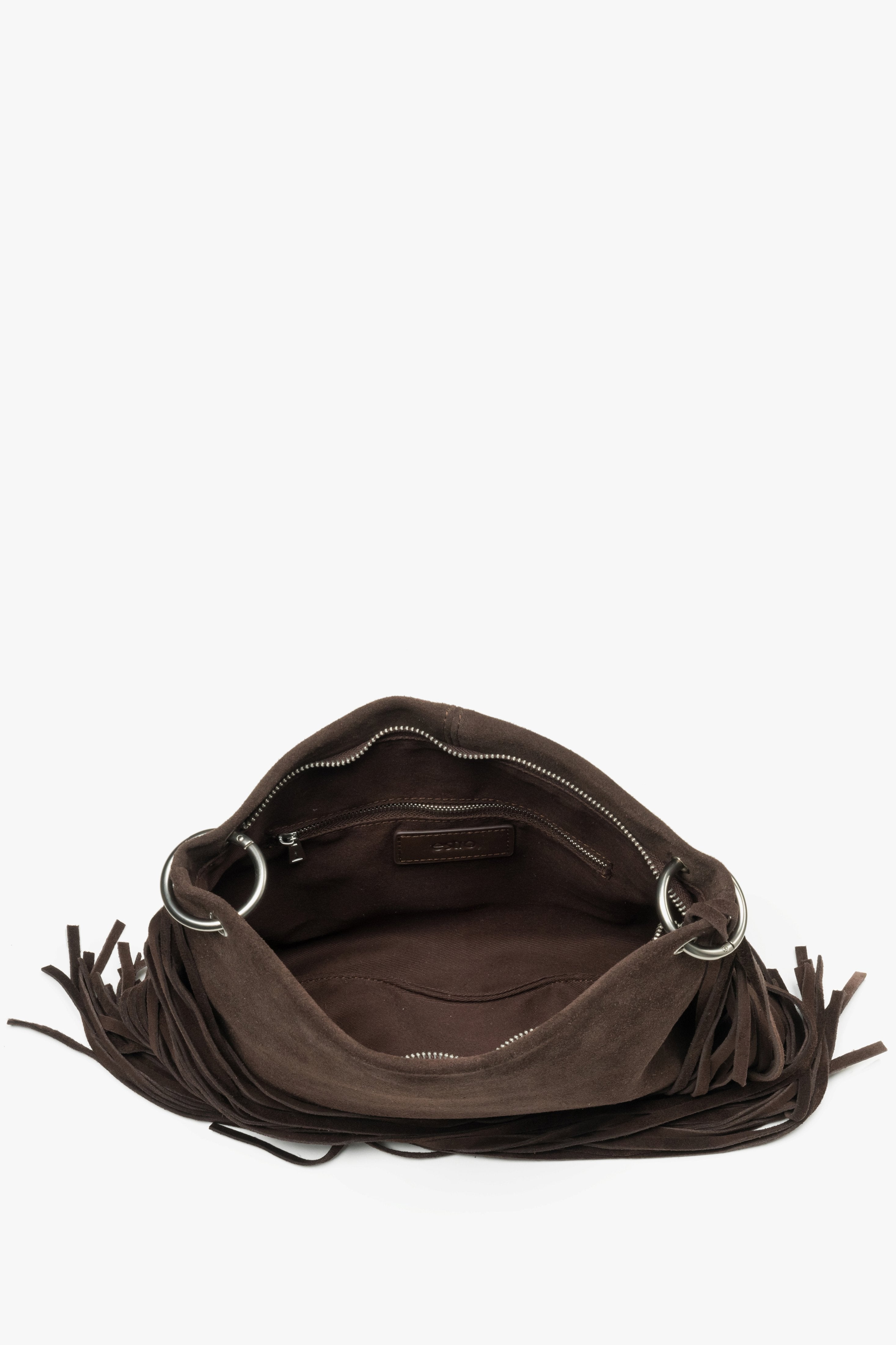 A top-down shot showing the spacious interior with a textile lining, three separate compartments, and smaller zippered pockets.