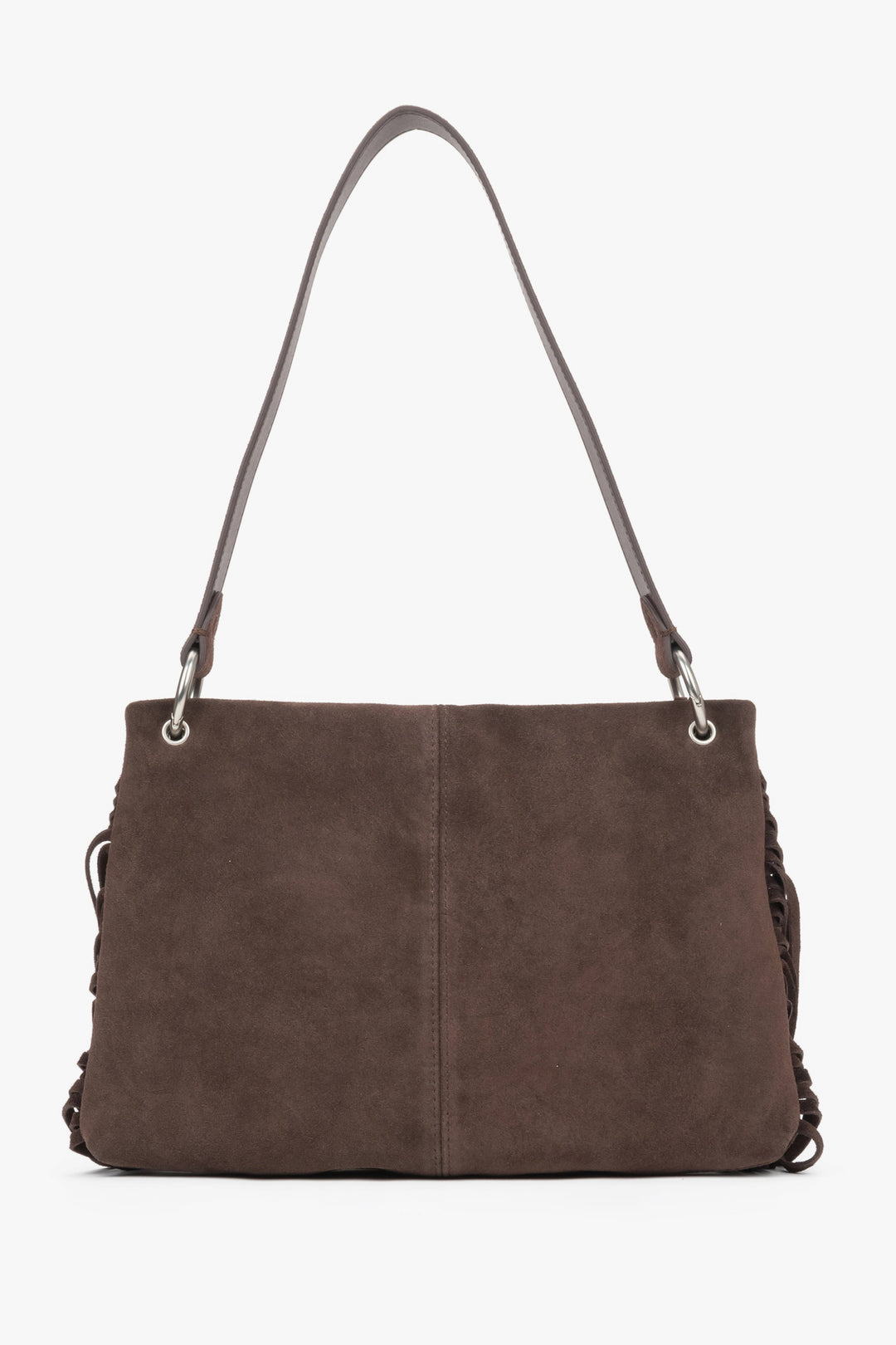 The back of the bag displaying precise, vertical stitching down the center and the matte, luxurious texture of the suede material.