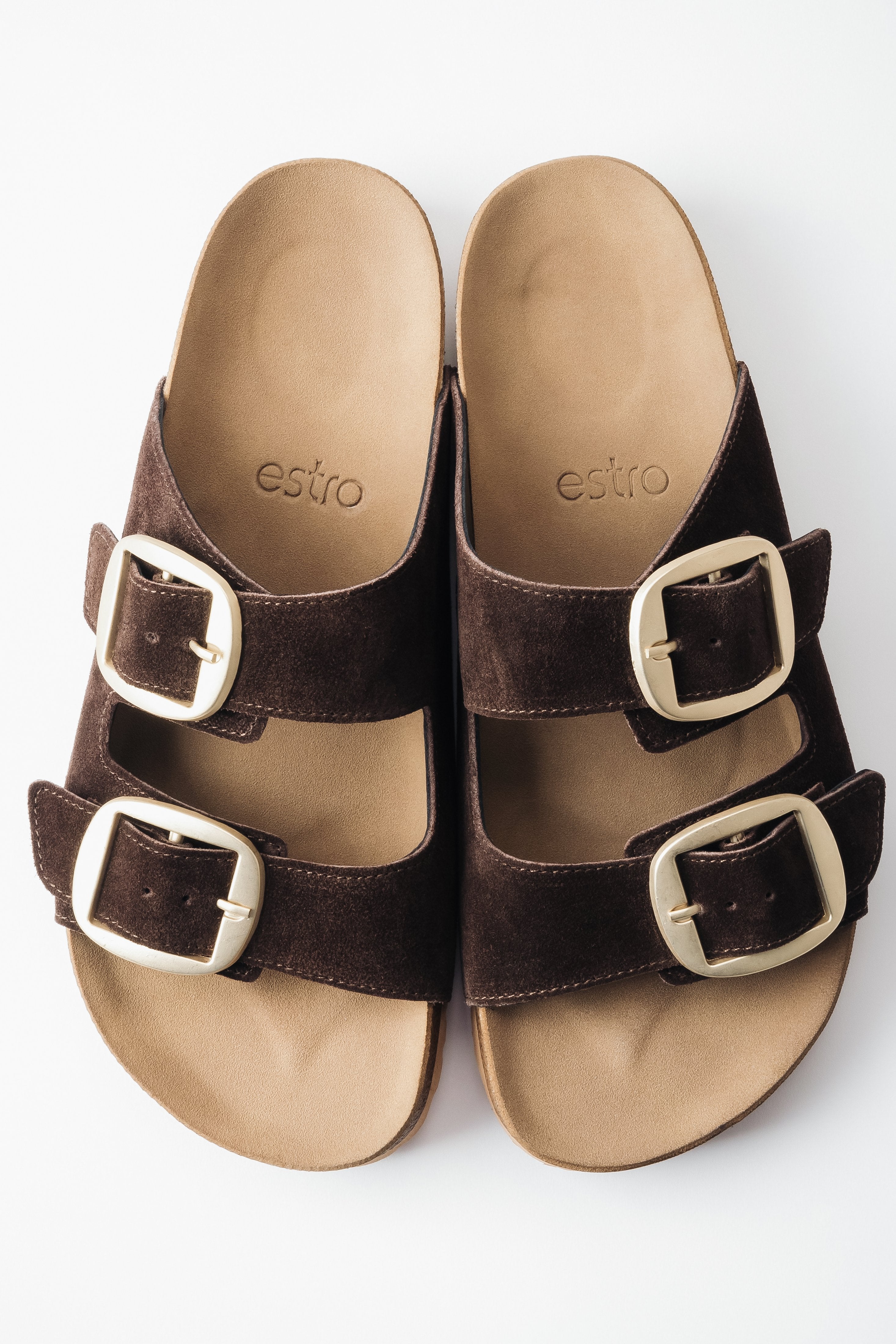 Women's Dark Brown Velour Slide Sandals with Thick Straps Estro ER00119567.