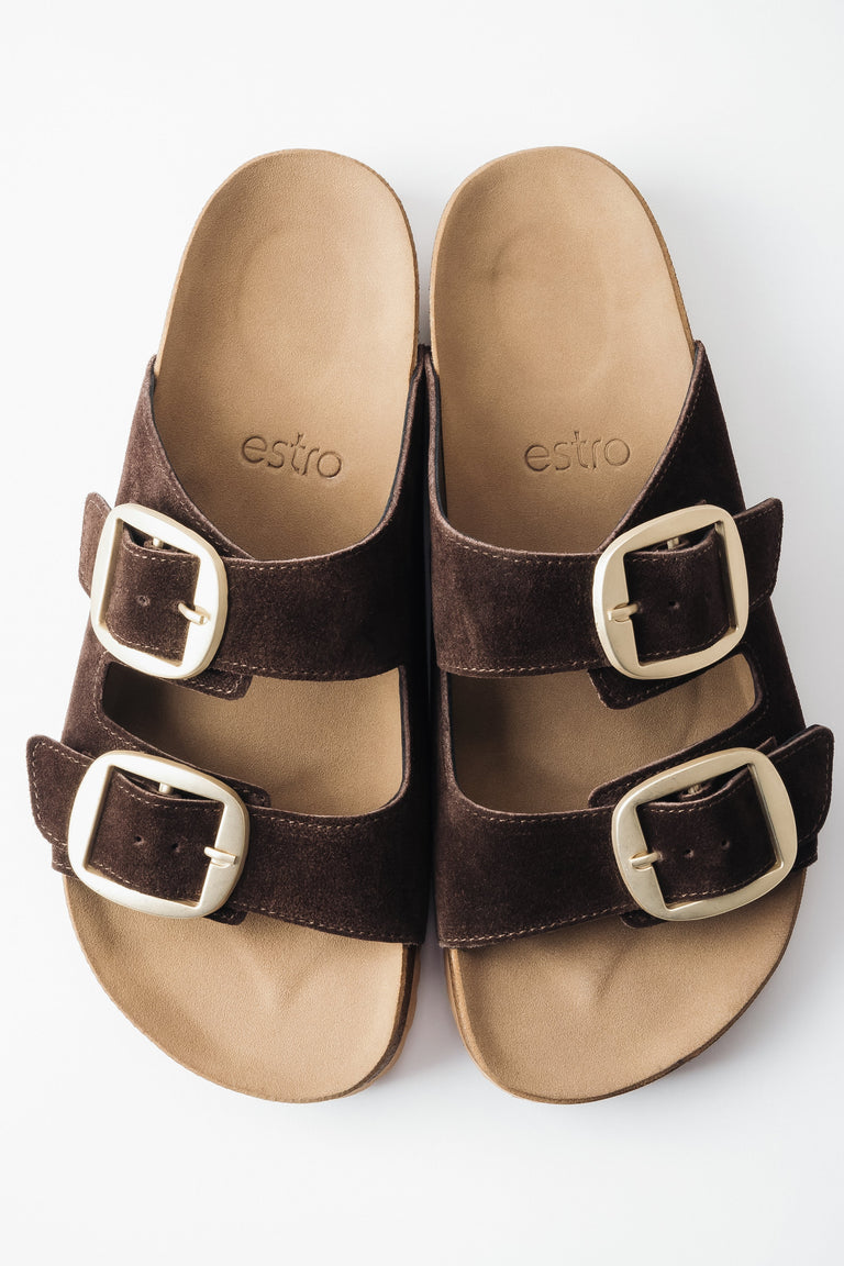 Women's Dark Brown Velour Slide Sandals with Thick Straps Estro ER00119567.
