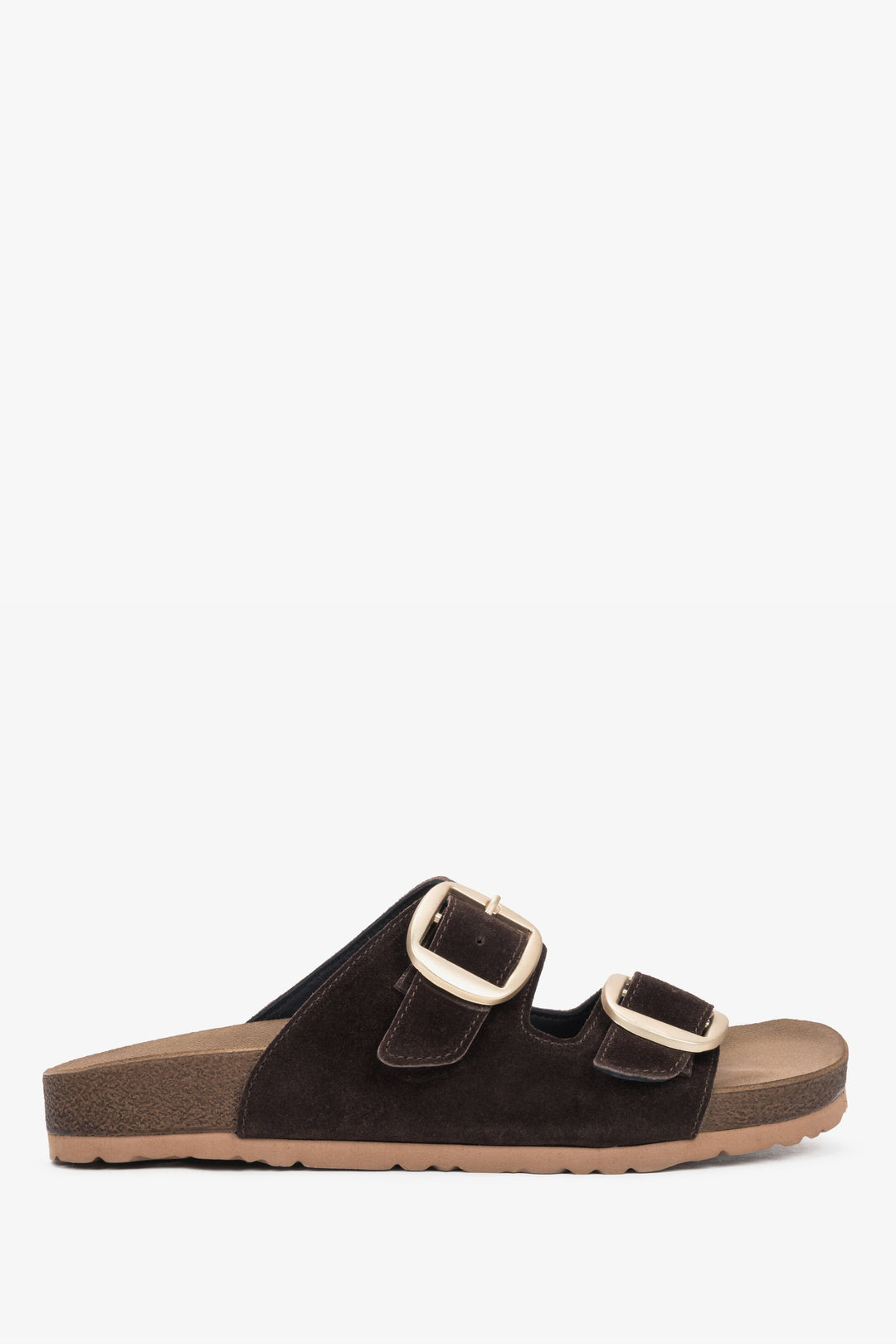 Women's dark brown natural velour slide sandals with large gold buckles Estro, showcasing a modern summer silhouette.