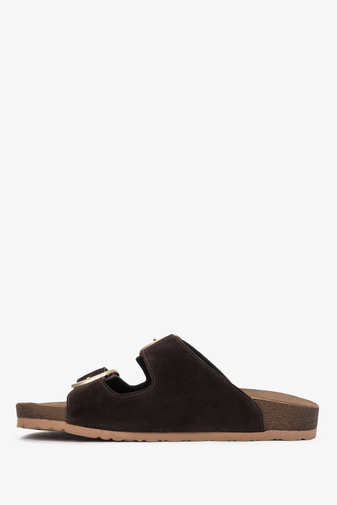 A profile shot of the brown women's slides highlighting the flexible TPU sole and the comfortably contoured insole.