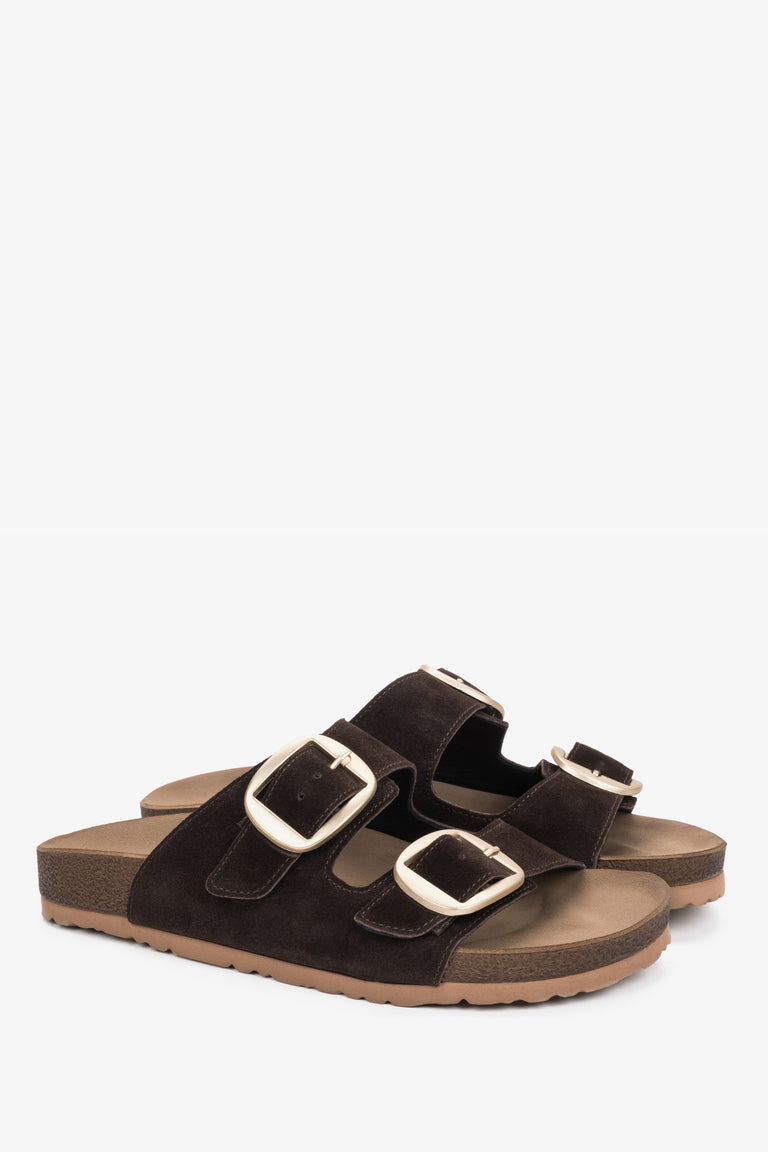 Women's dark brown natural velour slide sandals with large gold buckles Estro, showcasing a modern summer silhouette.
