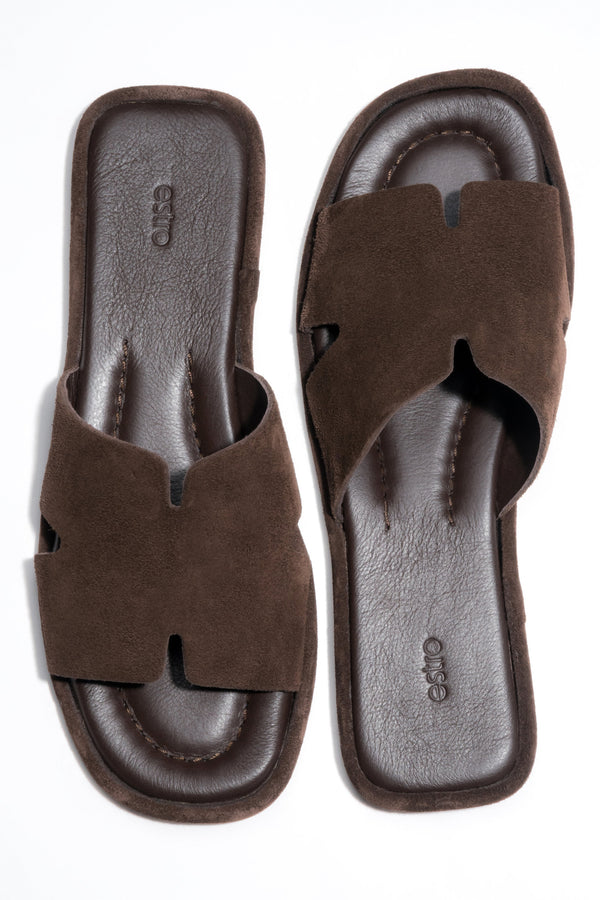 Women’s Dark Brown Velour Slides with Flat Sole and Square Toe Estro ER00119553.