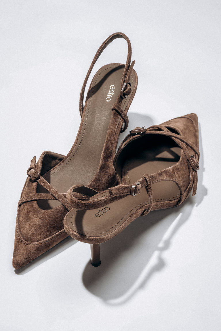 Women's dark brown velour slingback heels with crossing straps by Estro