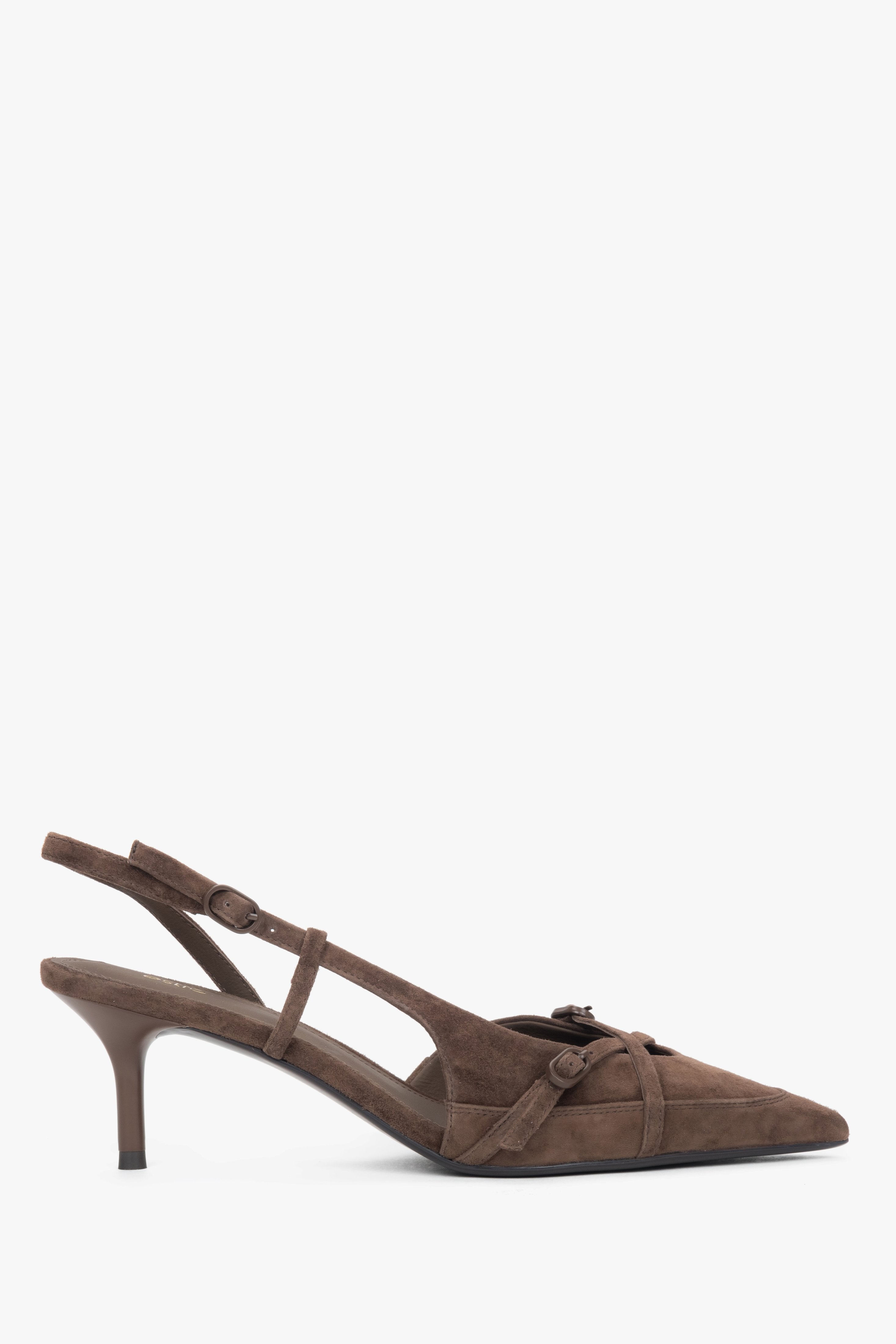 Side view of women's dark brown velour slingback heels by Estro