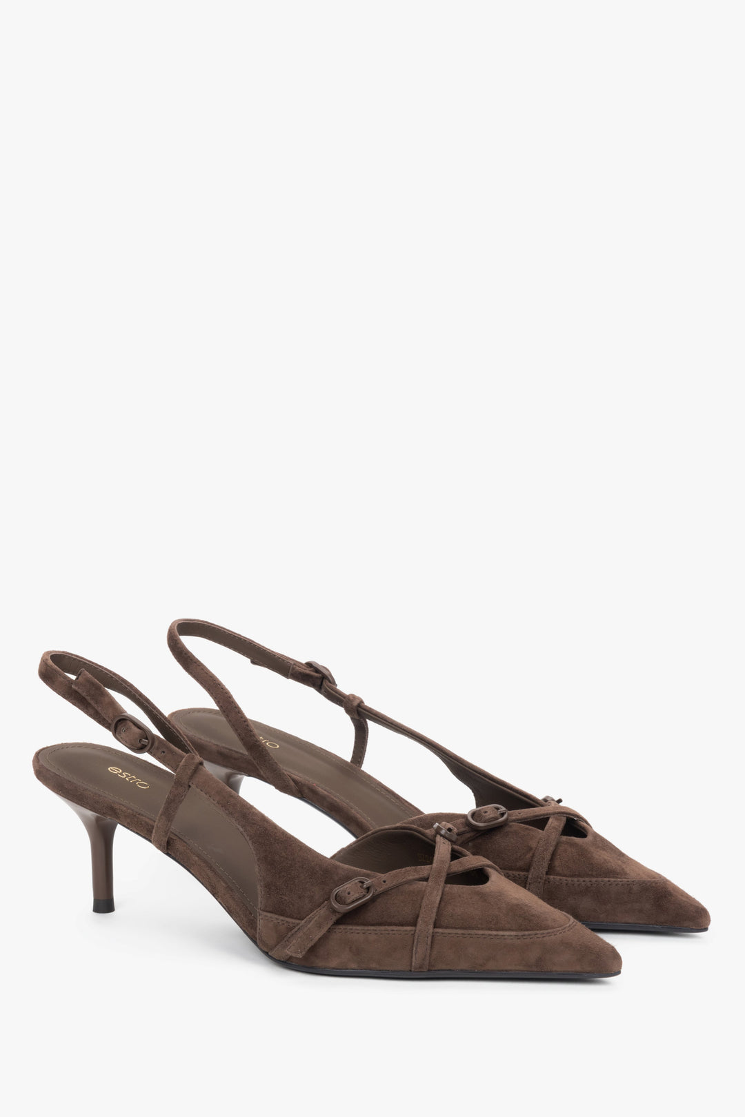 Angled view of women's dark brown velour slingback heels with pointed toe