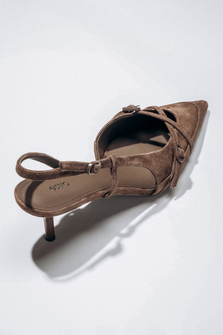 Women's dark brown velour slingback heels with open heel