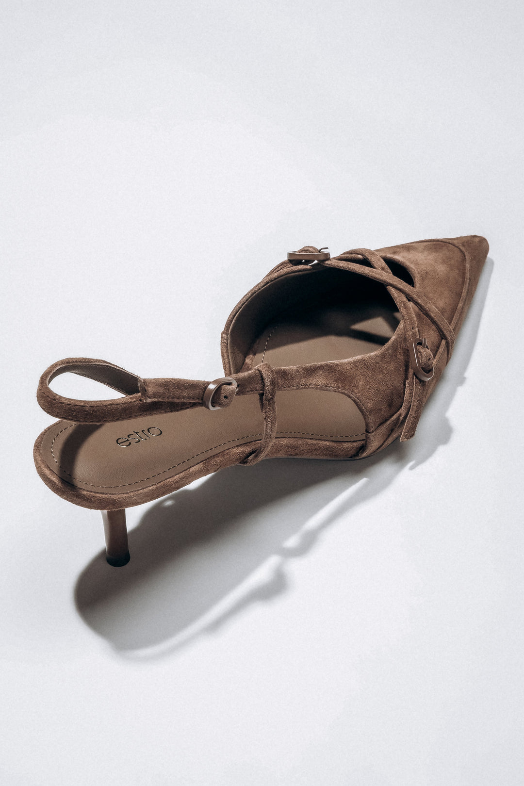 Women's dark brown velour slingback heels with open heel