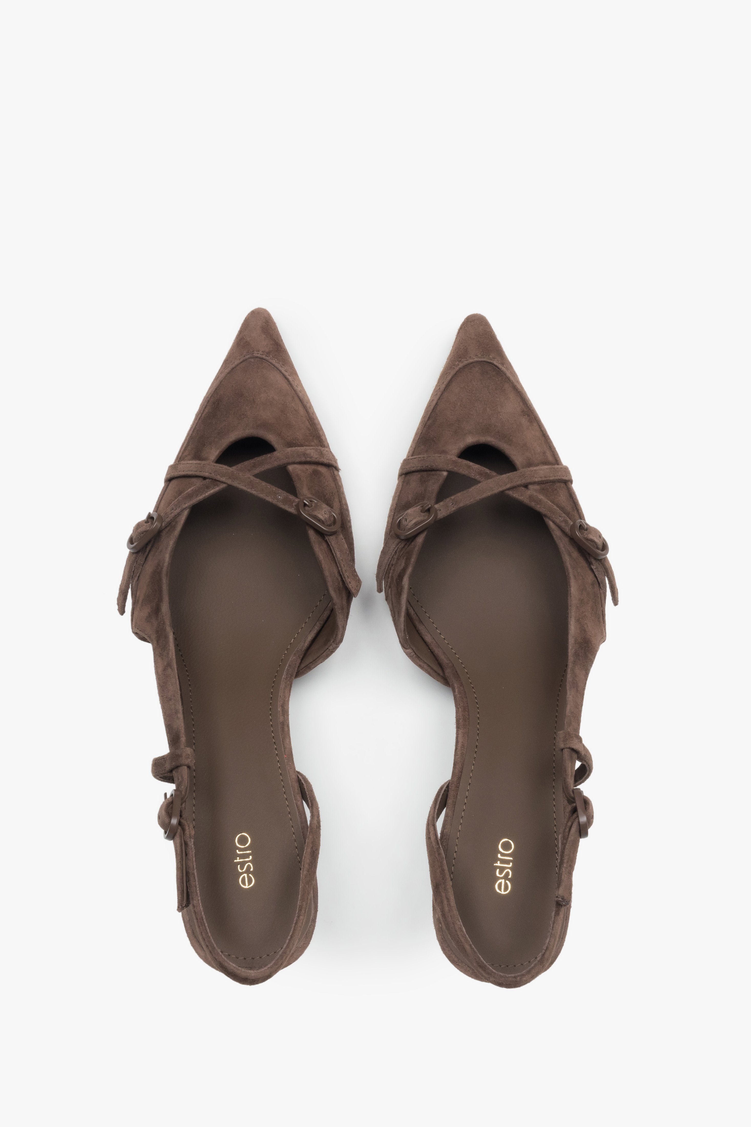 Top view of women's dark brown velour slingback heels by Estro