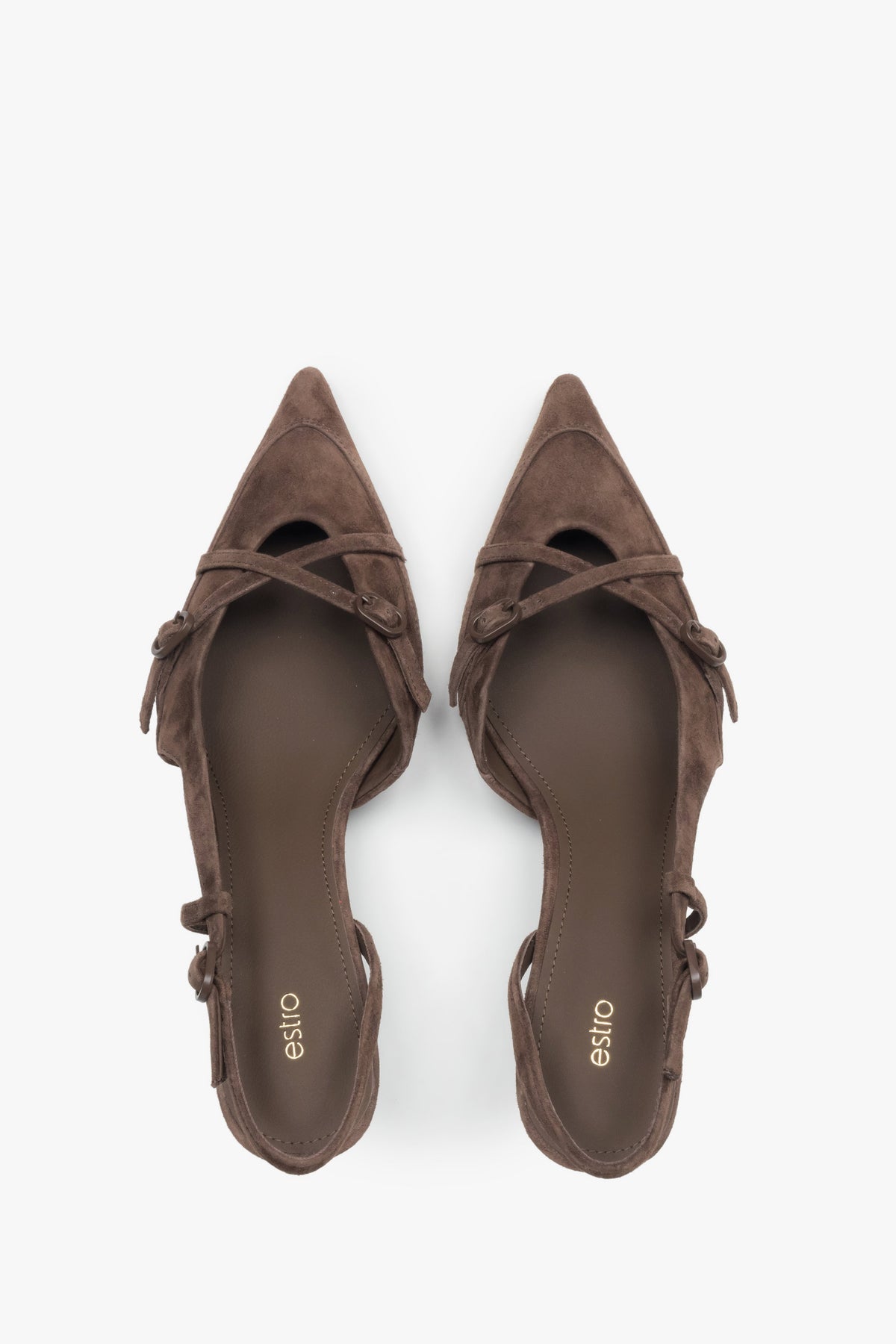 Top view of women's dark brown velour slingback heels by Estro
