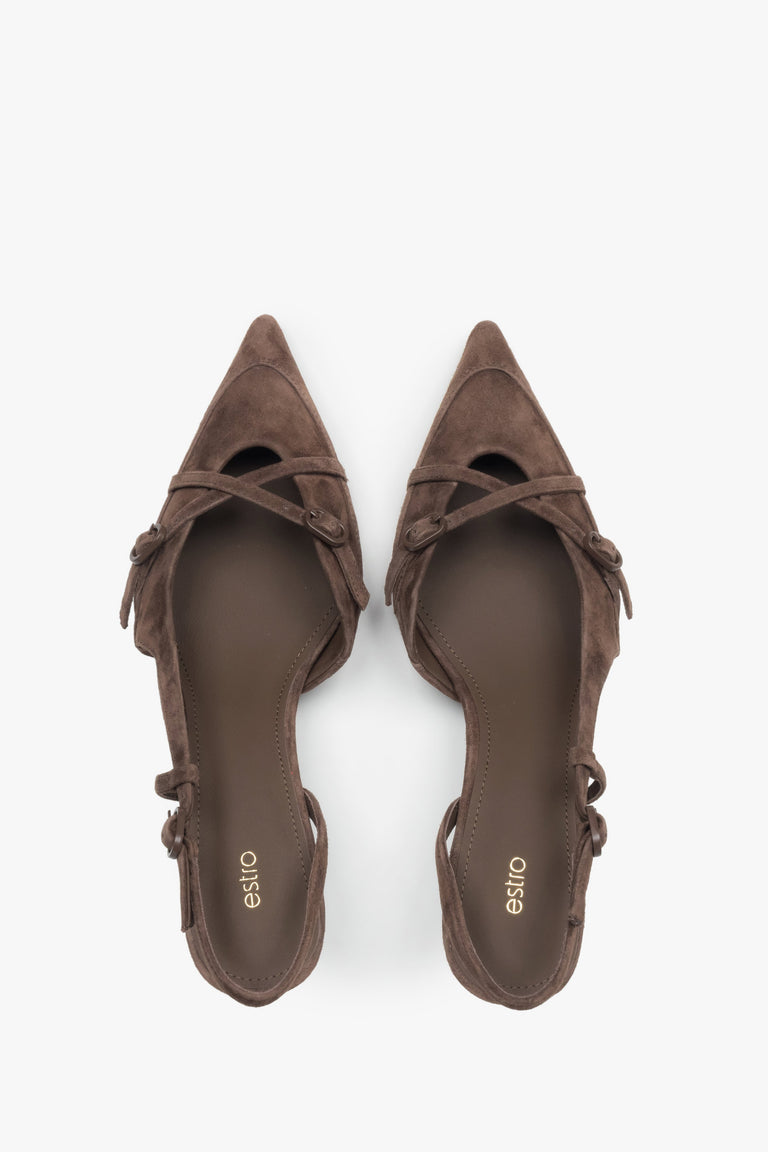 Top view of women's dark brown velour slingback heels by Estro