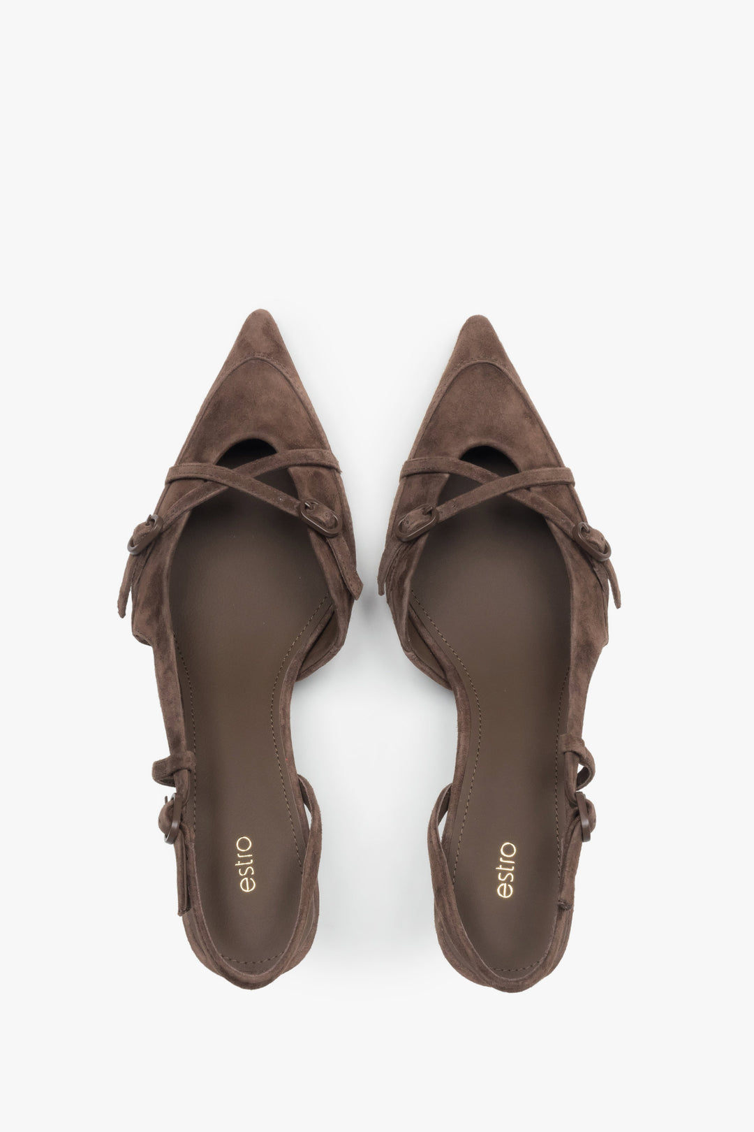 Top view of women's dark brown velour slingback heels by Estro