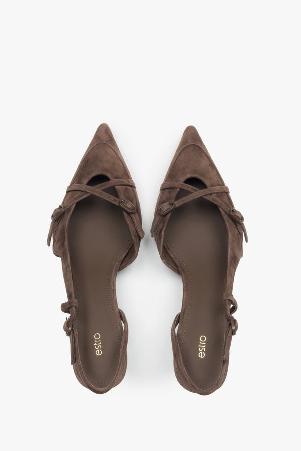 Top view of women's dark brown velour slingback heels by Estro