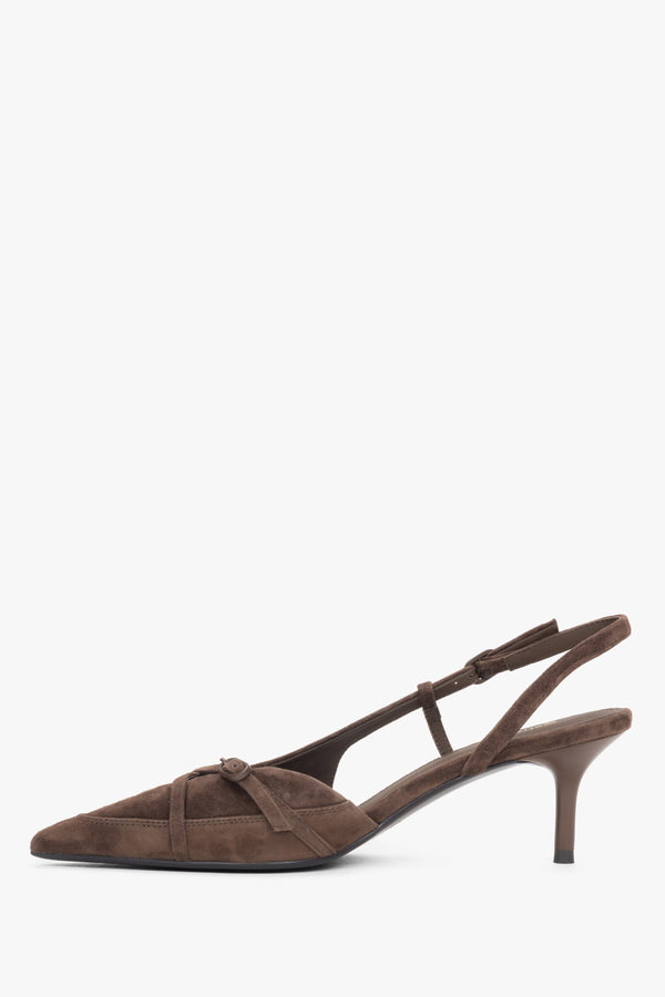 Low side view of women's dark brown velour slingback heels by Estro