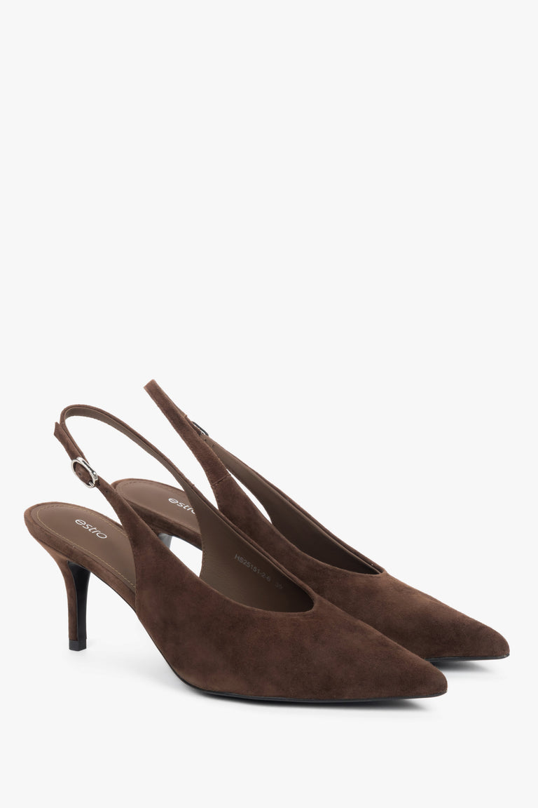 Side view of women's dark brown velour slingback heels by Estro