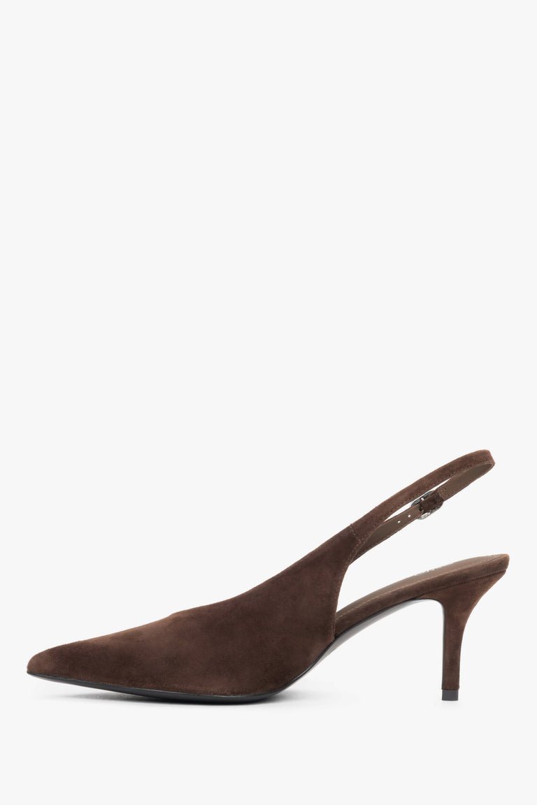 Low side view of women's dark brown velour slingback heels