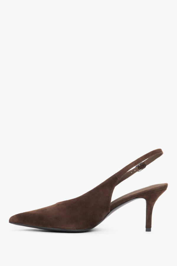 Low side view of women's dark brown velour slingback heels