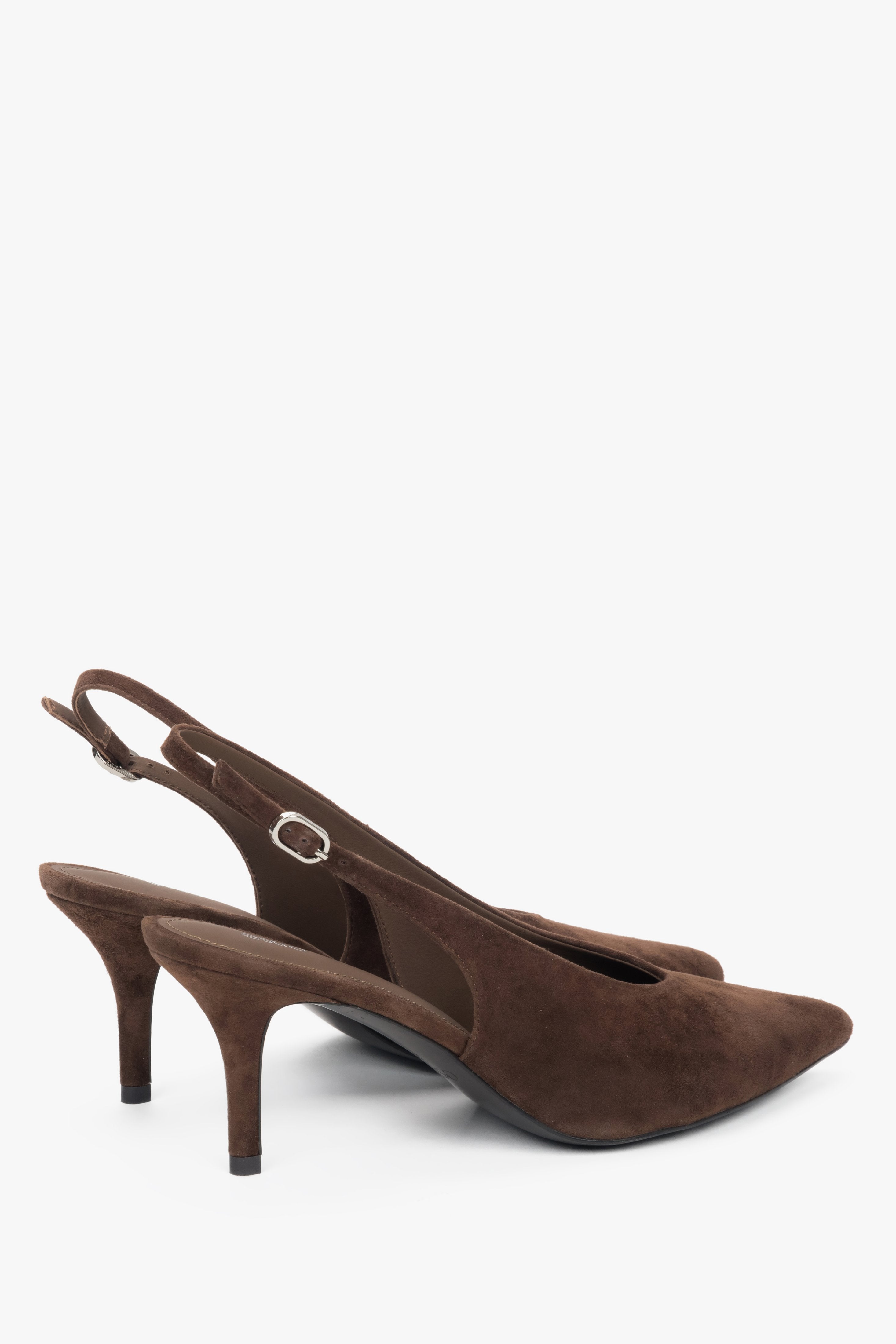 Pair of women's dark brown velour slingback heels with pointed toe