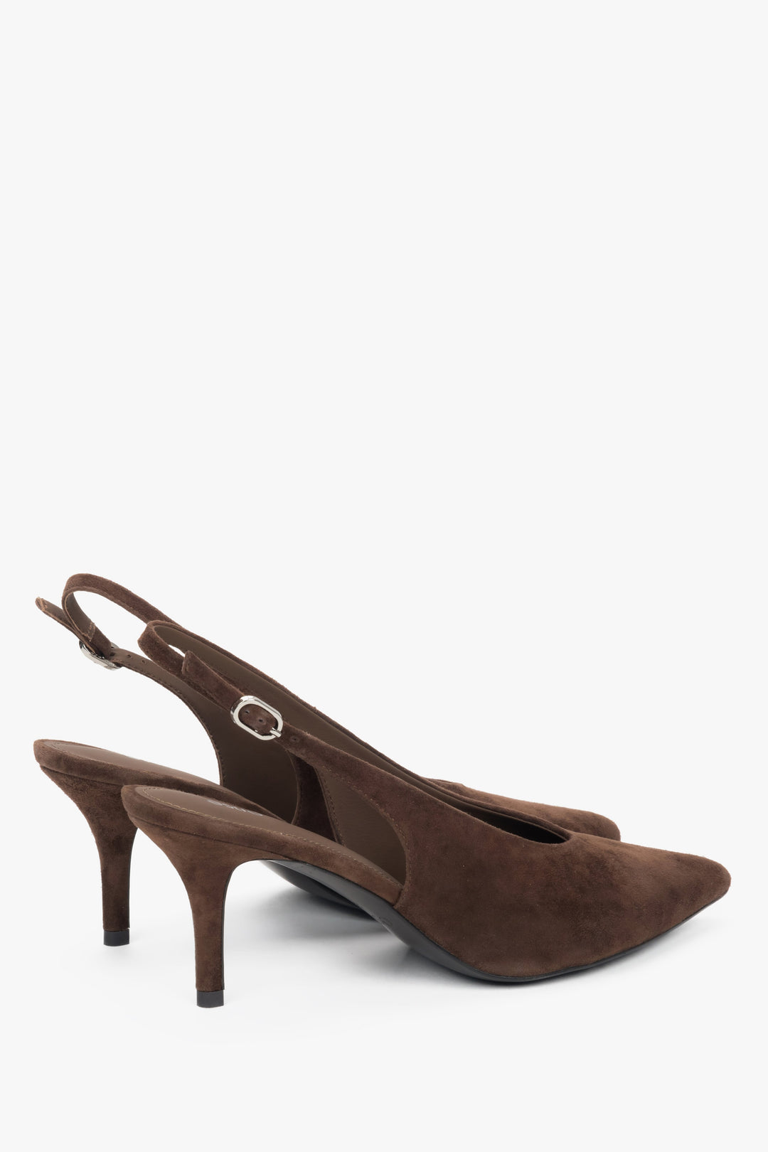 Pair of women's dark brown velour slingback heels with pointed toe