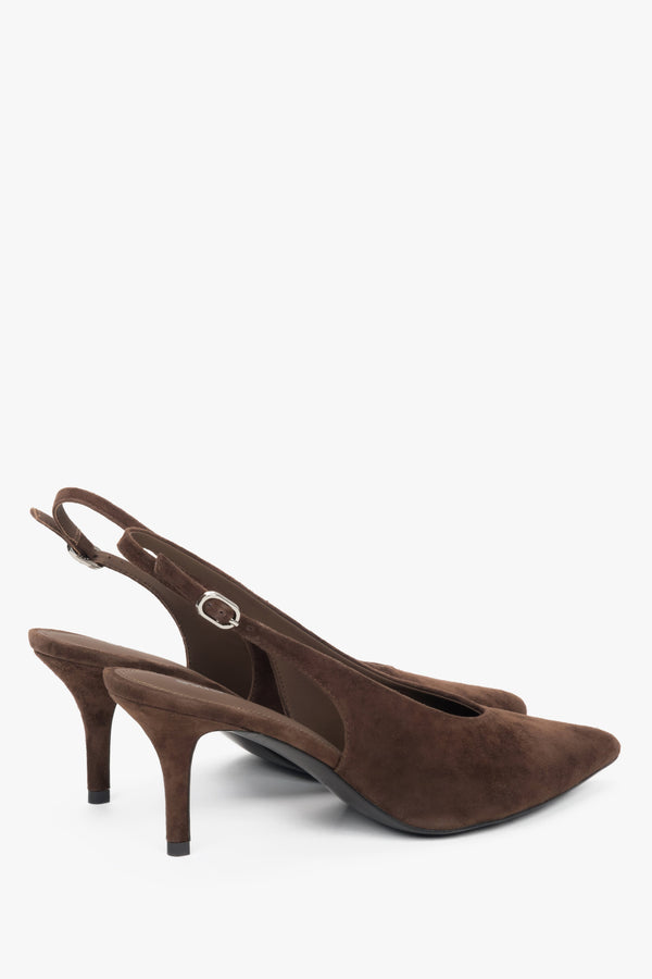 Pair of women's dark brown velour slingback heels with pointed toe