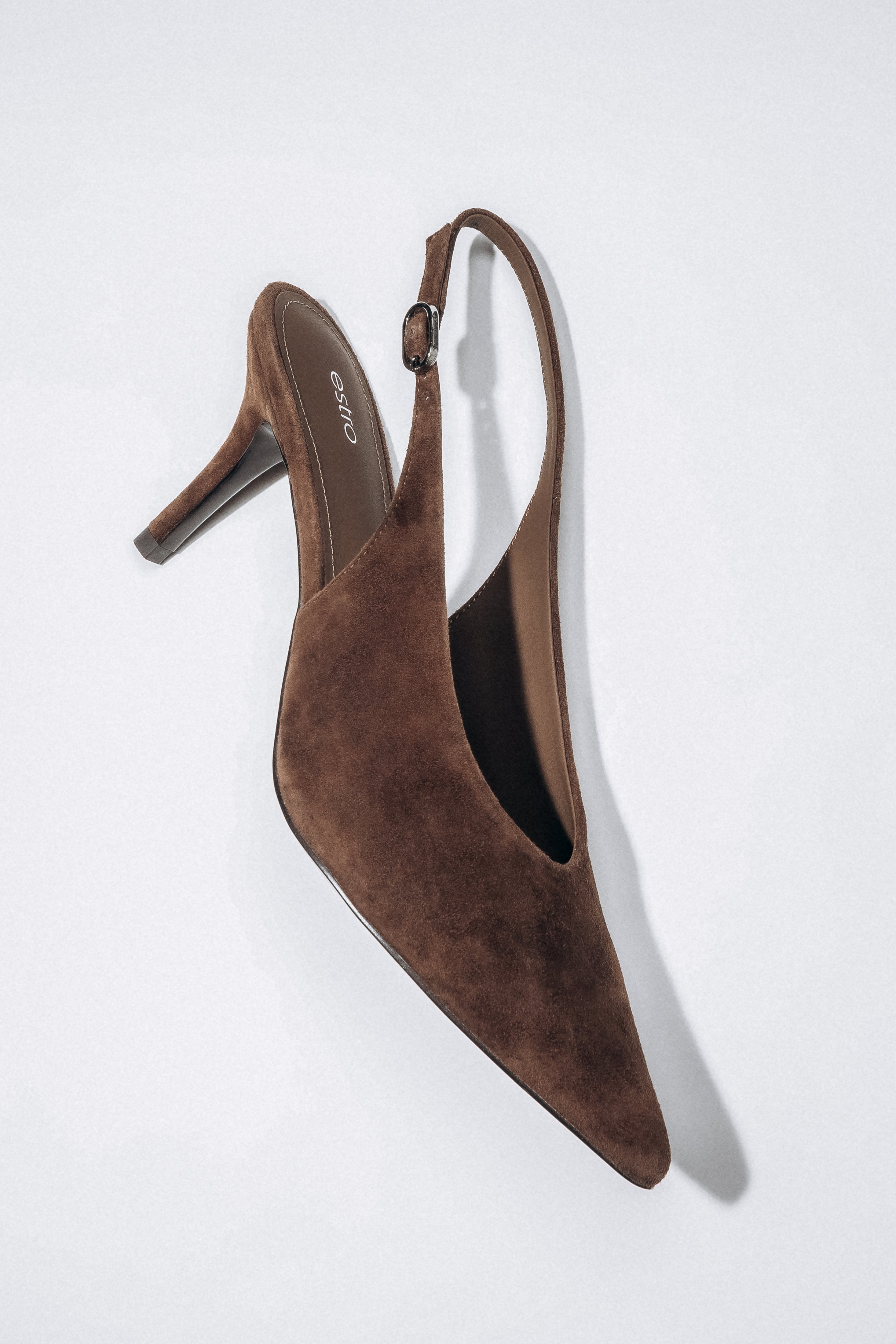 Angled view of women's dark brown velour slingback heels by Estro
