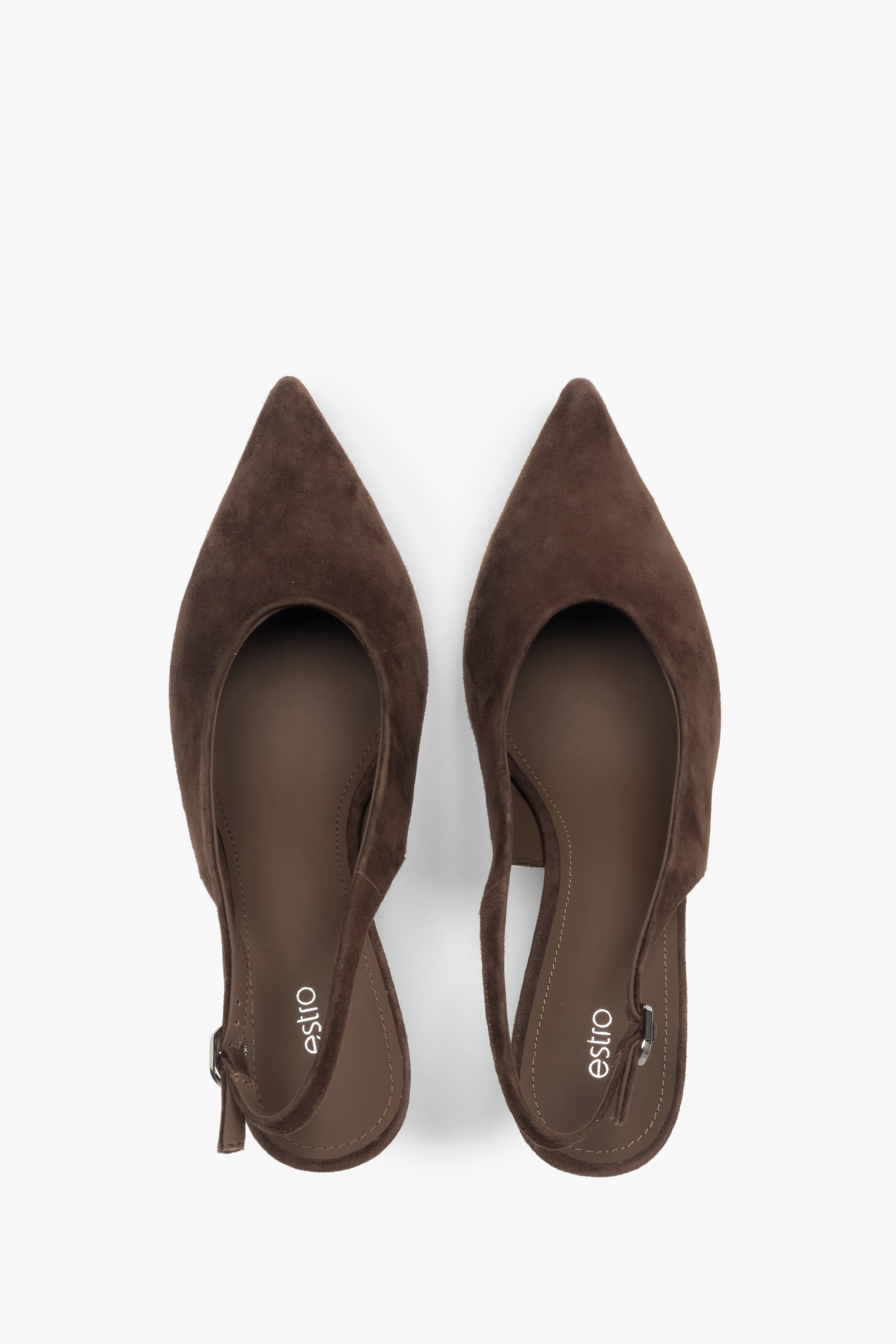 Top view of women's dark brown velour slingback heels by Estro