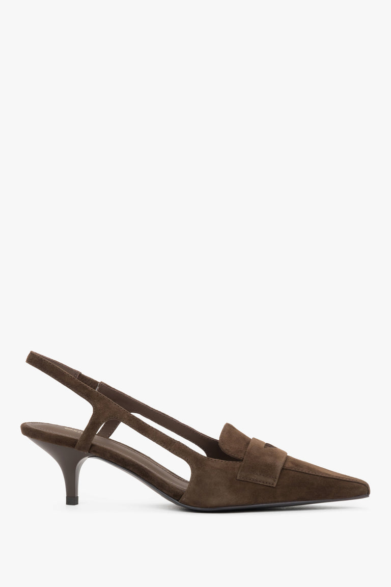 Estro - dark brown natural velour slingback pumps on a kitten heel.