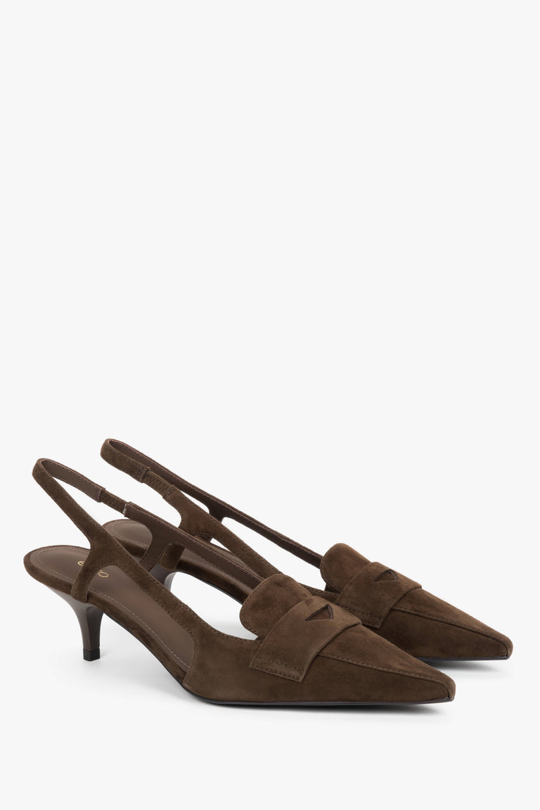 Women's dark brown natural velour slingback heels with a kitten heel by Estro.