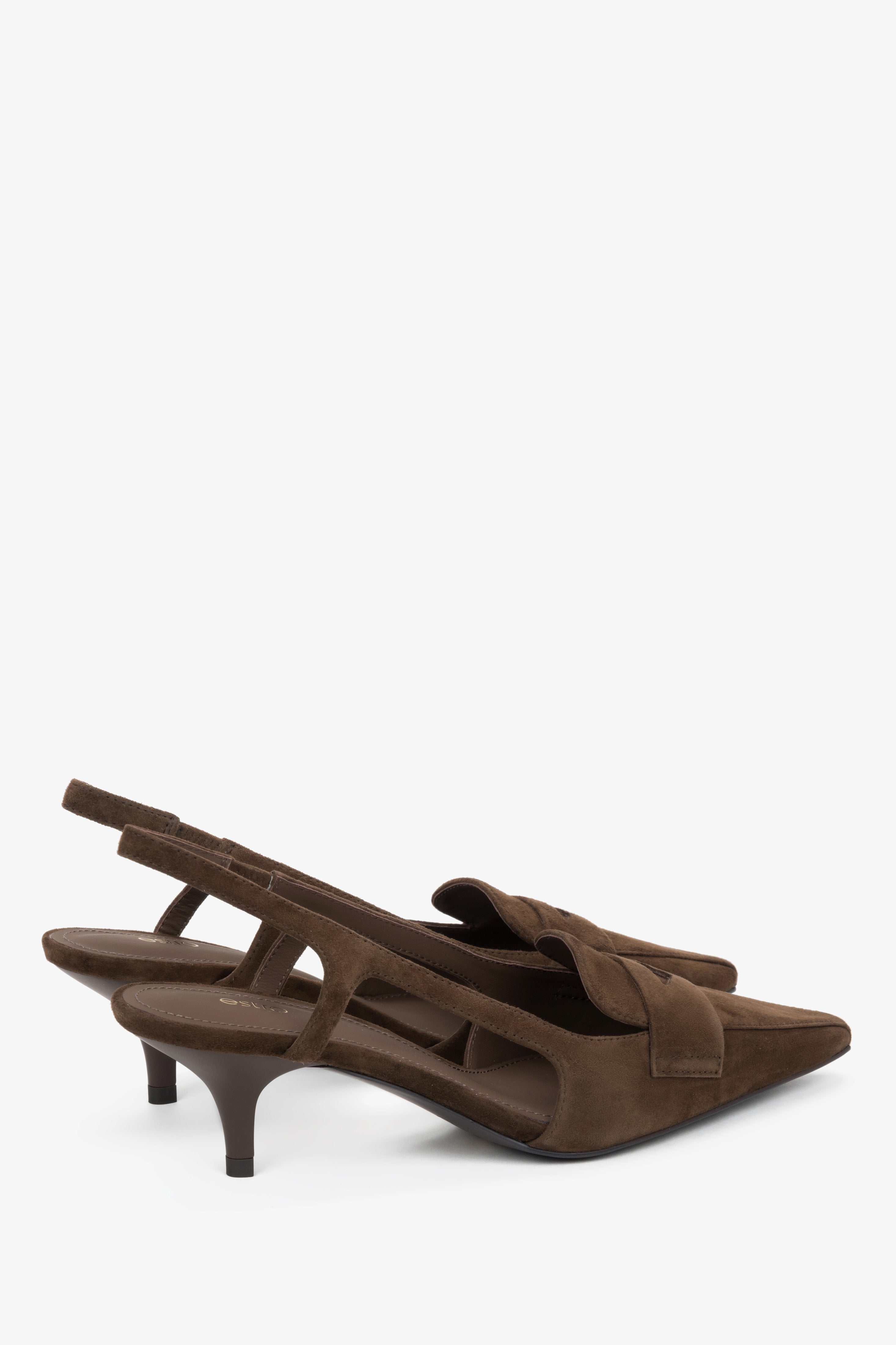 Natural velour dark brown women's slingback pumps on a kitten heel, Estro.