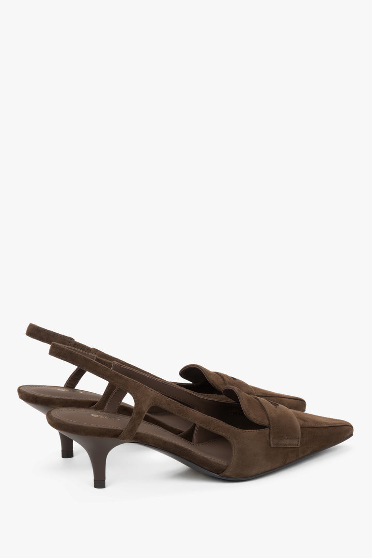 Natural velour dark brown women's slingback pumps on a kitten heel, Estro.