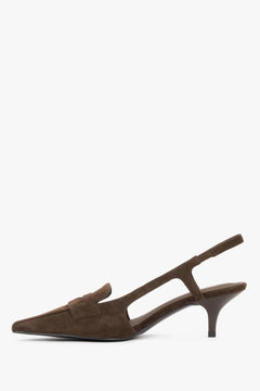 Dark brown women's slingback pumps by Estro, on a low kitten heel, crafted in natural velour.