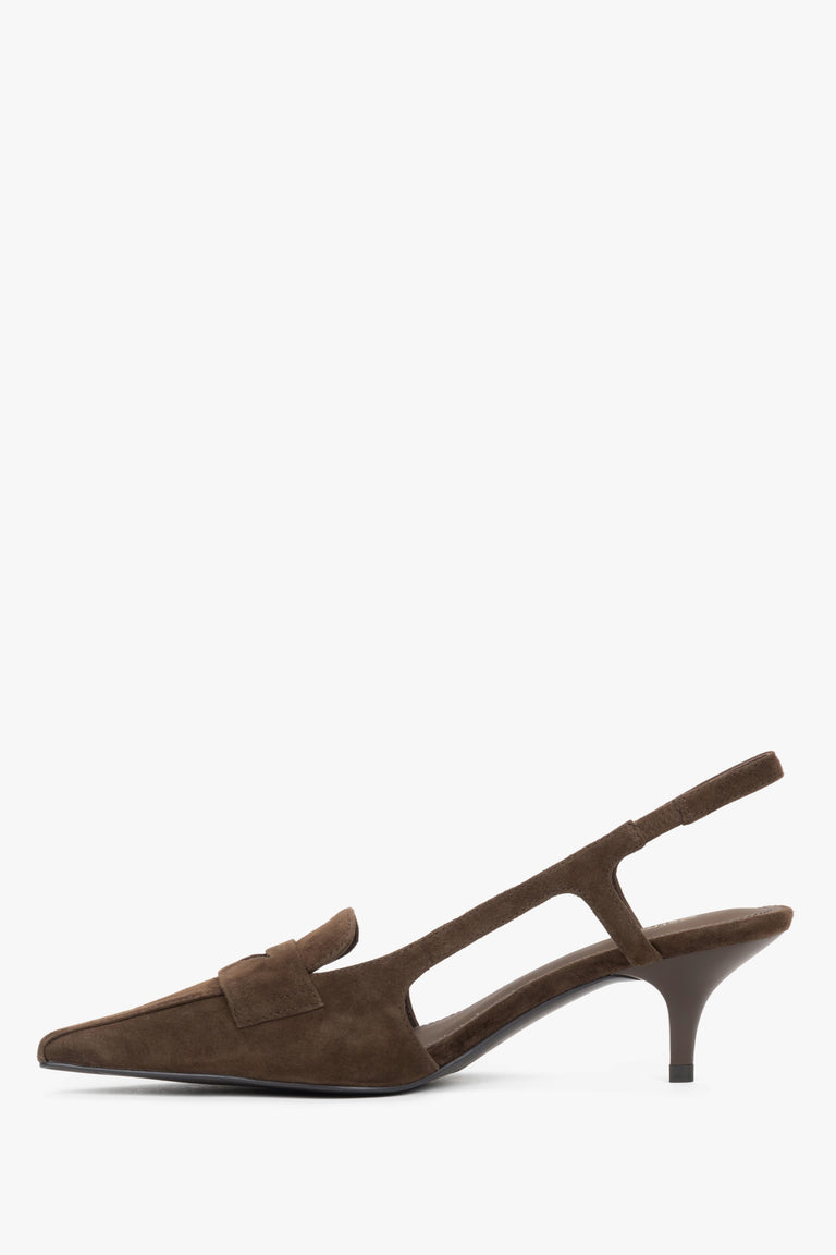 Dark brown women's slingback pumps by Estro, on a low kitten heel, crafted in natural velour.