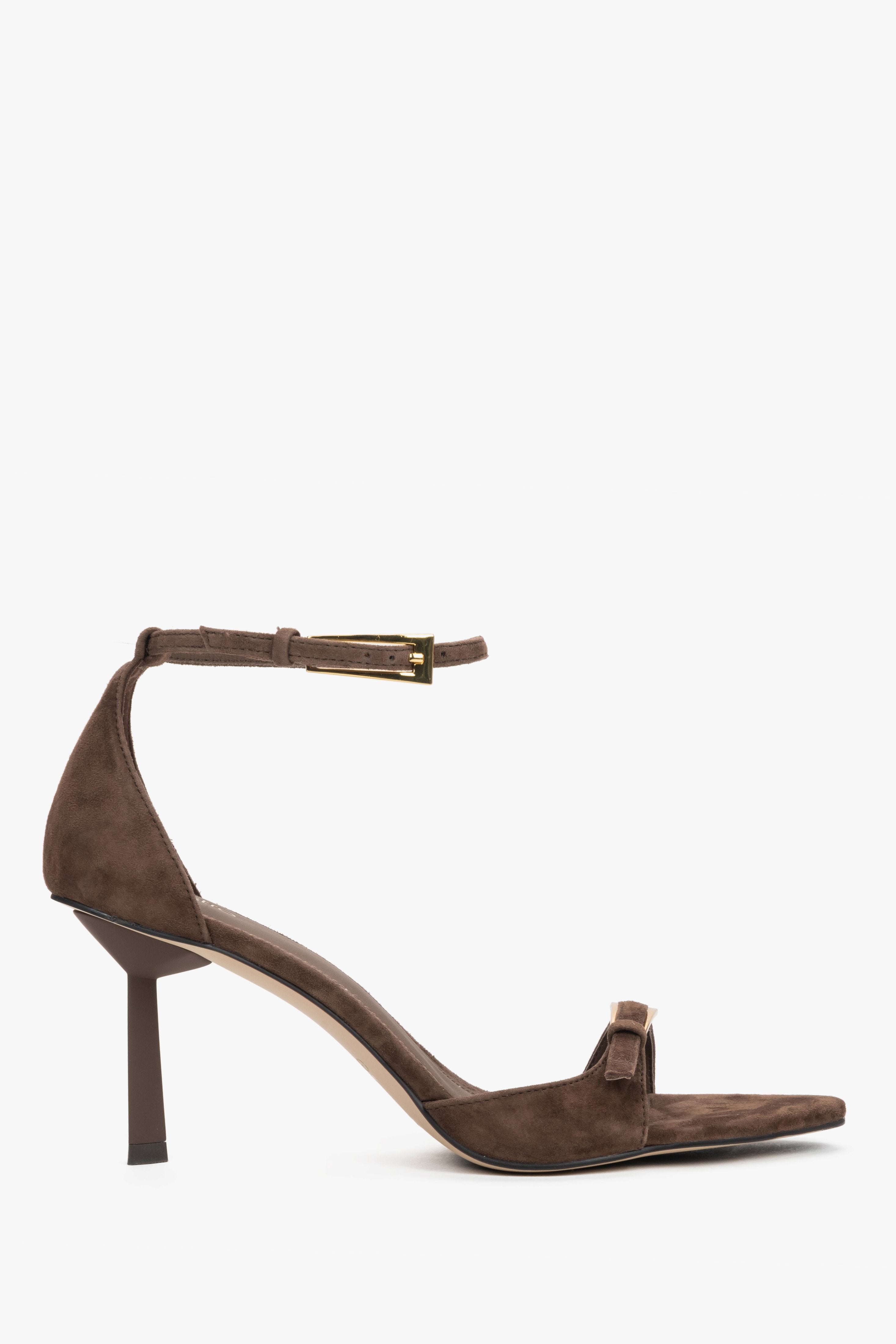 Women’s dark brown velour stiletto sandals by Estro with decorative buckles.