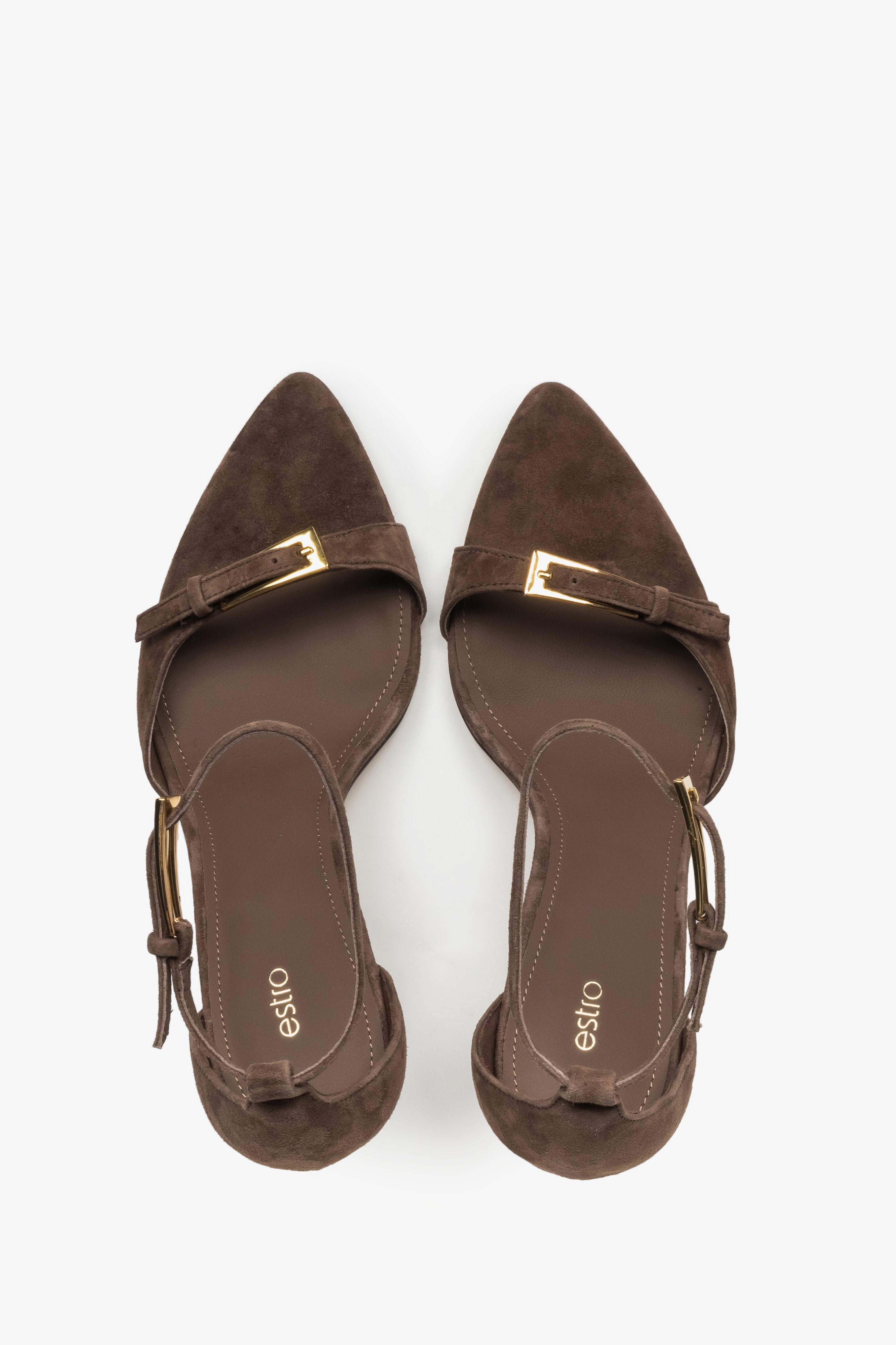 Top view of women’s dark brown velour stiletto sandals by Estro.
