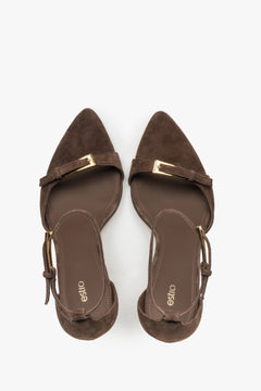 Top view of women’s dark brown velour stiletto sandals by Estro.