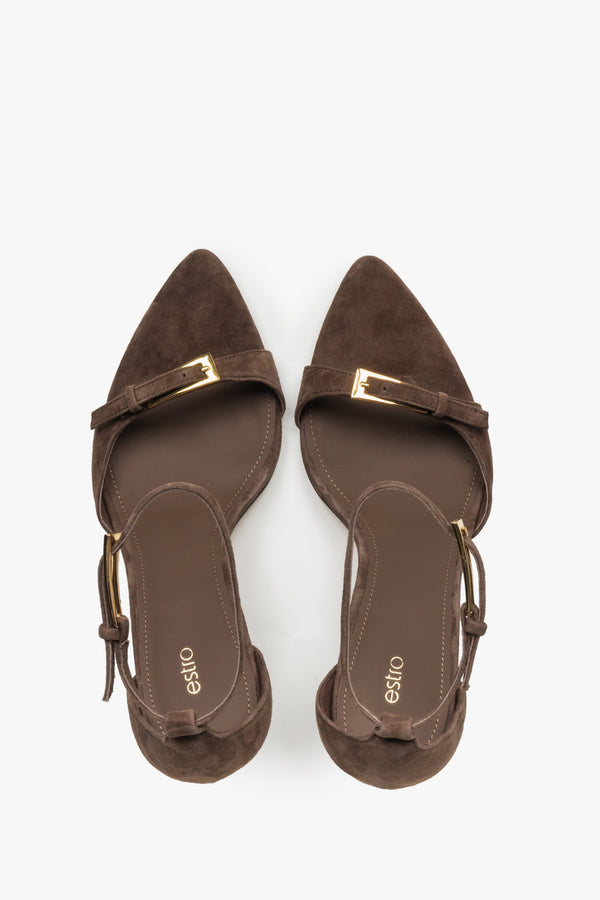 Top view of women’s dark brown velour stiletto sandals by Estro.
