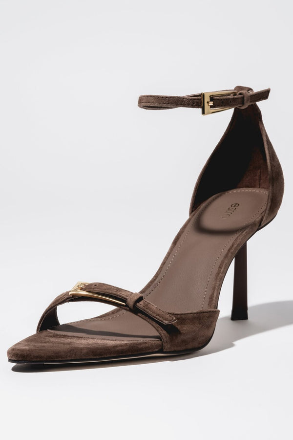 Women’s Dark Brown Velour Stiletto Sandals with Decorative Buckles Estro ER00119675.