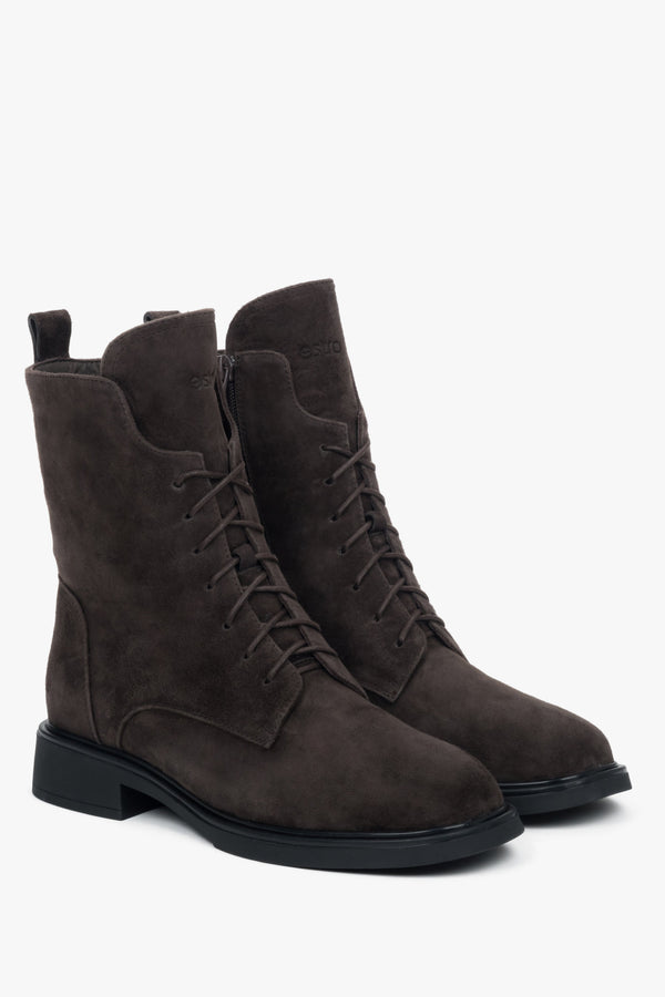 Dark Brown women’s velour winter ankle boots with fur lining.
